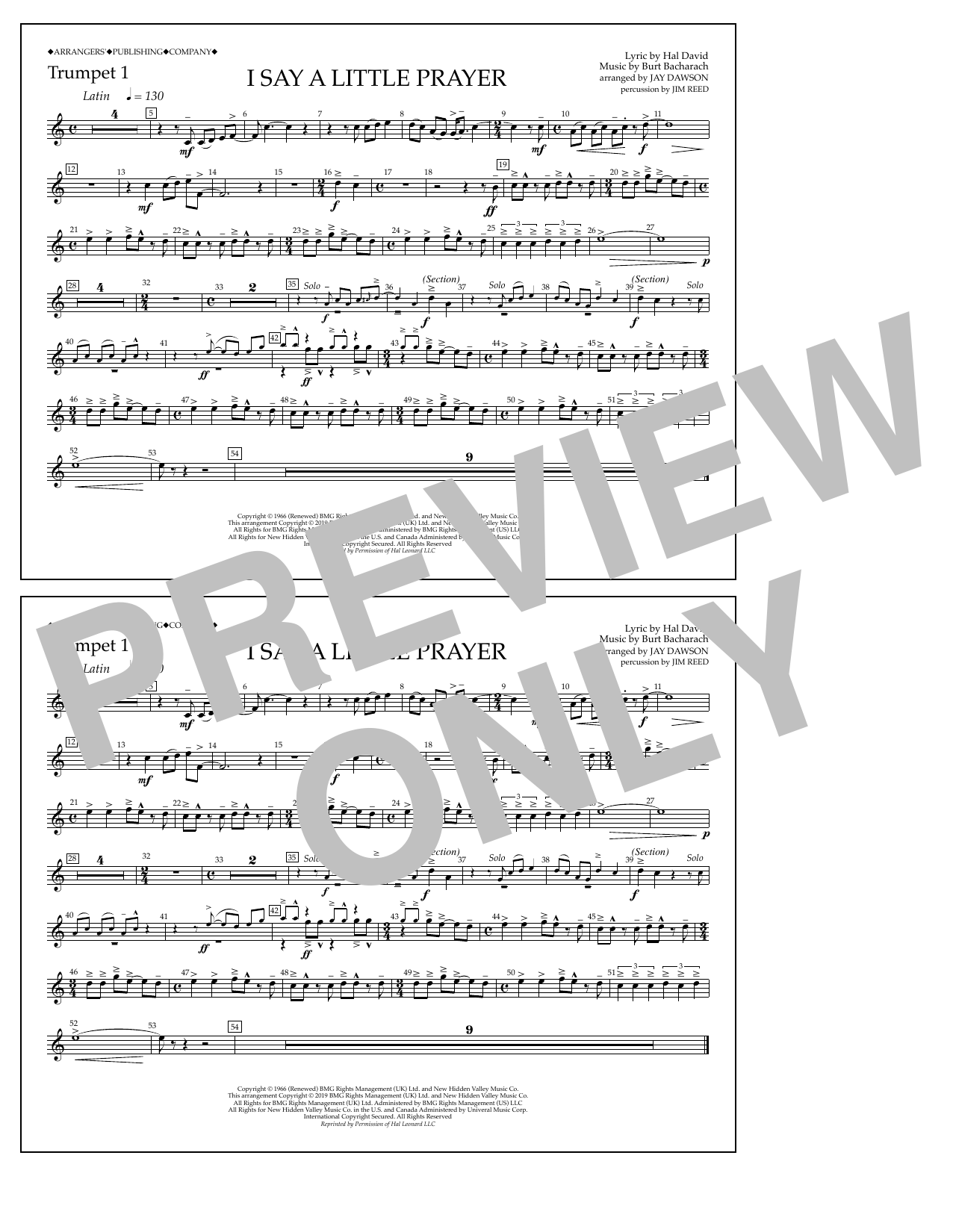 Aretha Franklin I Say a Little Prayer (arr. Jay Dawson) - Trumpet 1 sheet music notes and chords arranged for Marching Band