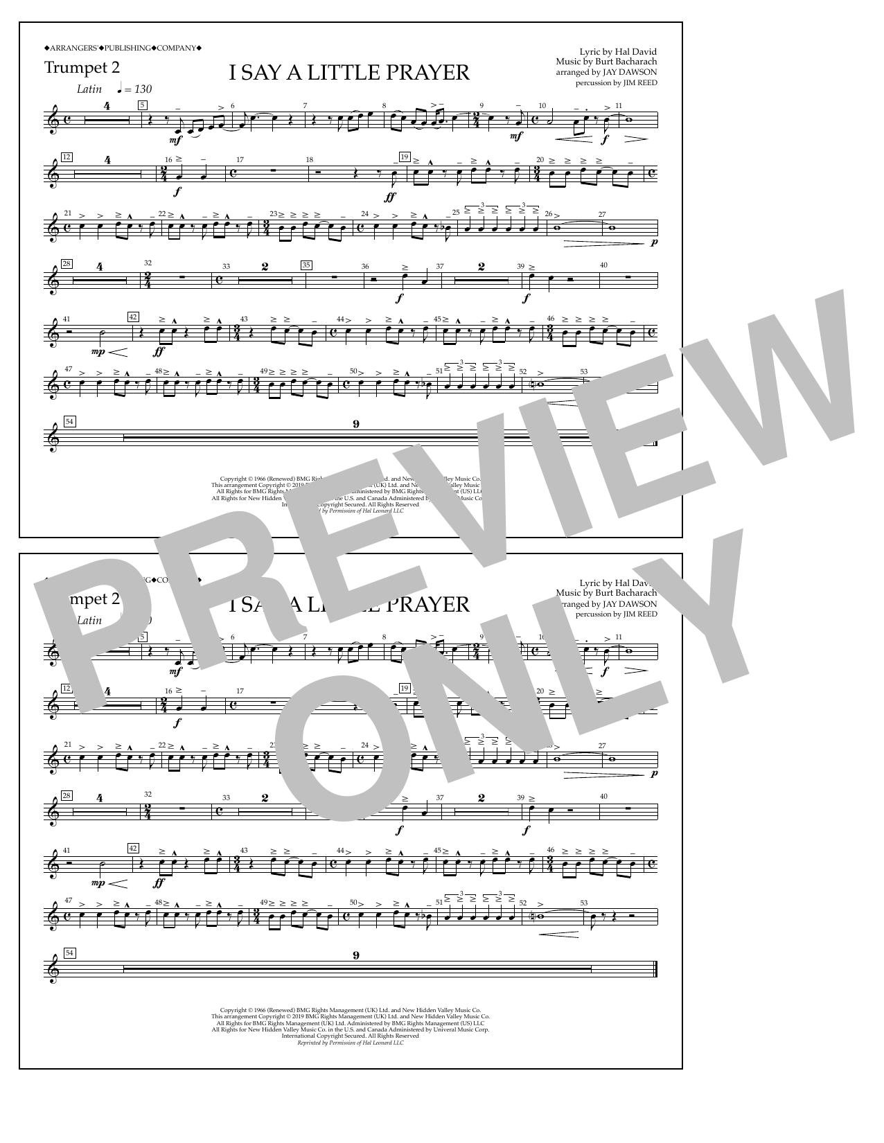 Aretha Franklin I Say a Little Prayer (arr. Jay Dawson) - Trumpet 2 sheet music notes and chords arranged for Marching Band