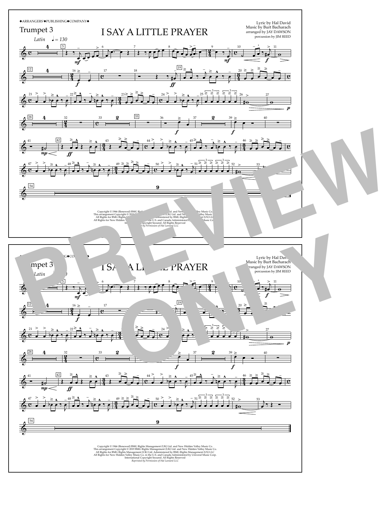 Aretha Franklin I Say a Little Prayer (arr. Jay Dawson) - Trumpet 3 sheet music notes and chords arranged for Marching Band