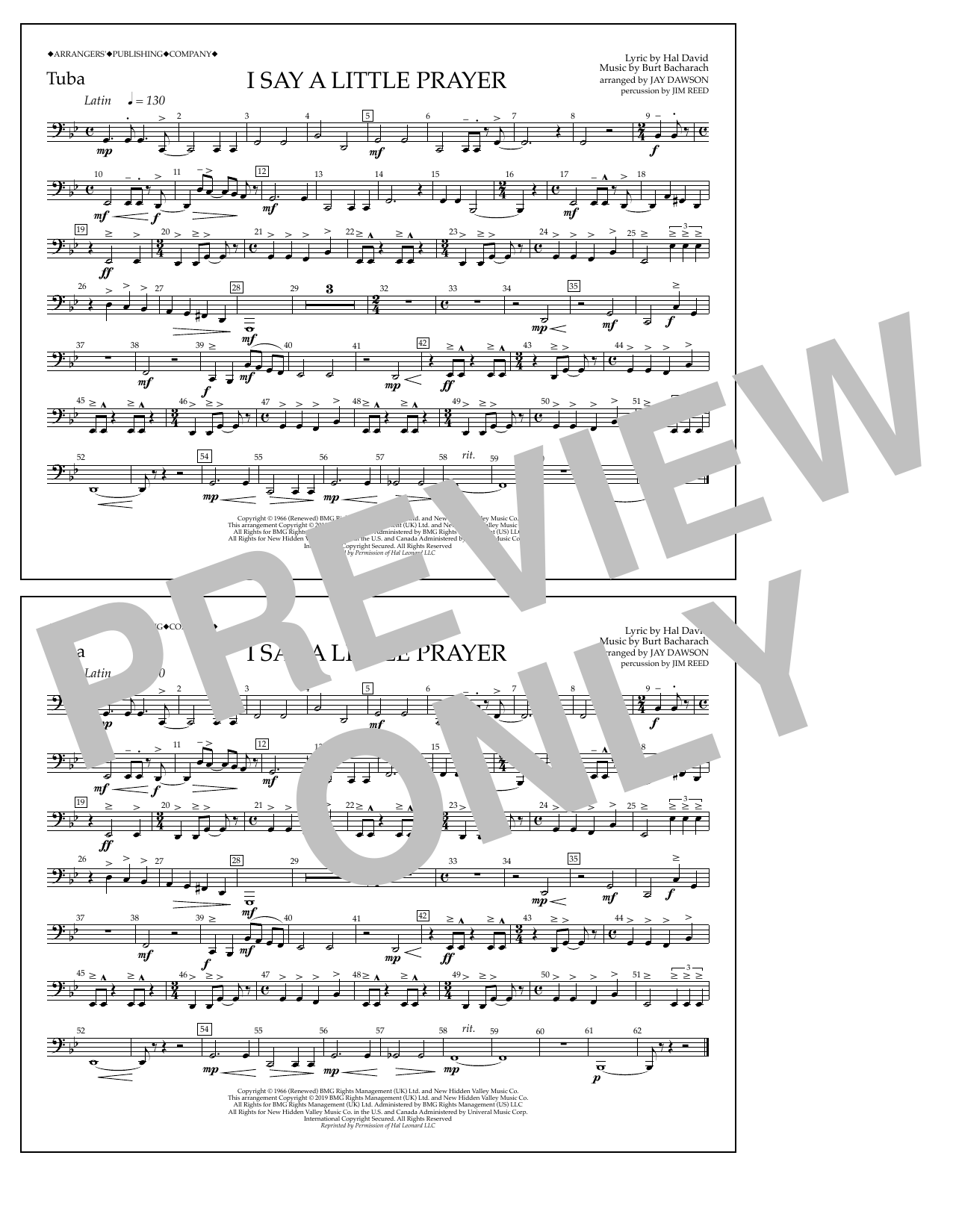 Aretha Franklin I Say a Little Prayer (arr. Jay Dawson) - Tuba sheet music notes and chords arranged for Marching Band