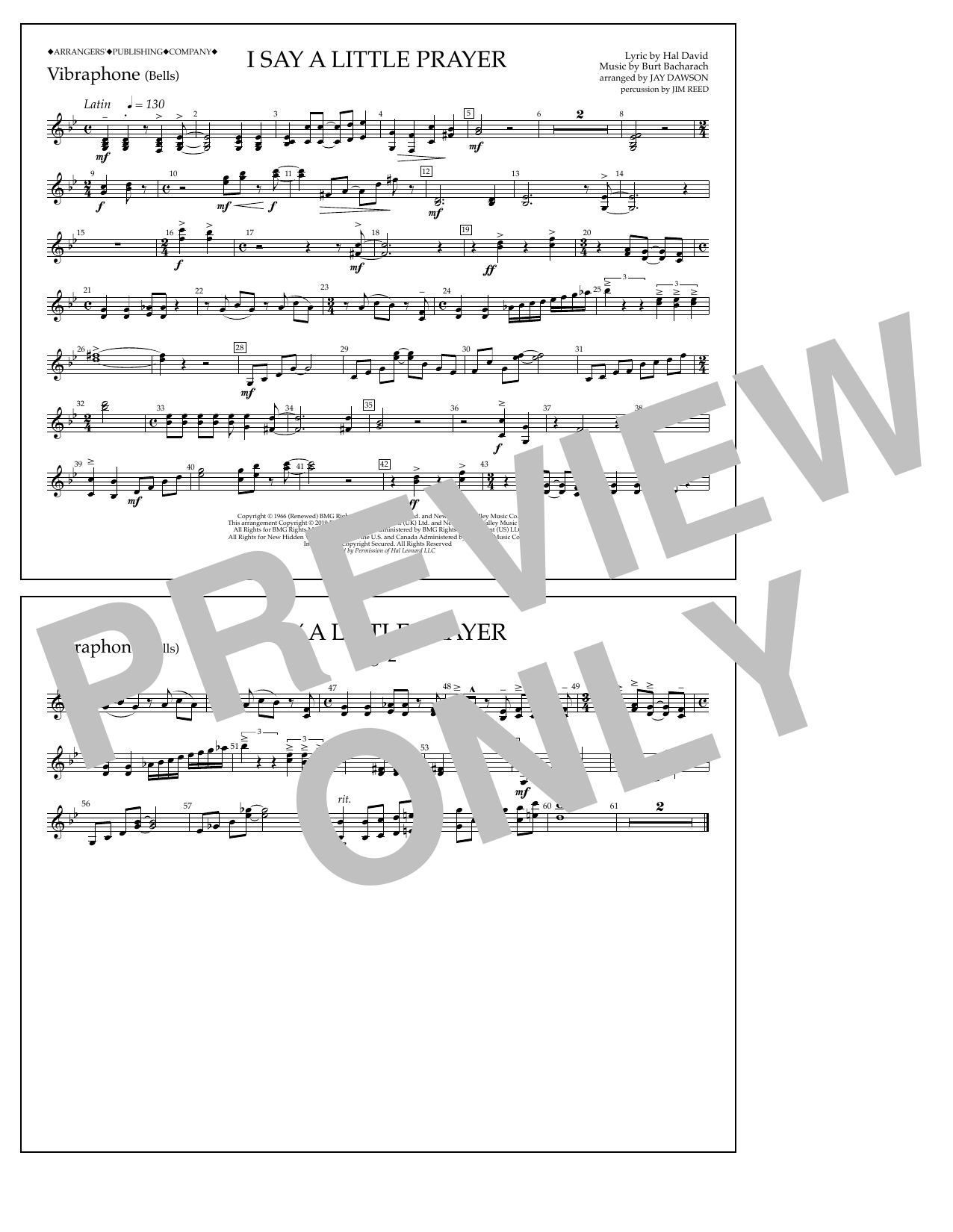Aretha Franklin I Say a Little Prayer (arr. Jay Dawson) - Vibraphone sheet music notes and chords arranged for Marching Band