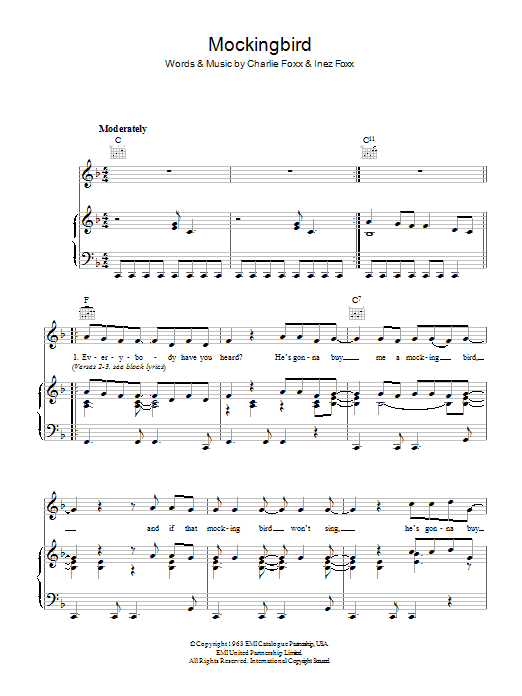 Aretha Franklin Mockingbird sheet music notes and chords arranged for Piano, Vocal & Guitar Chords
