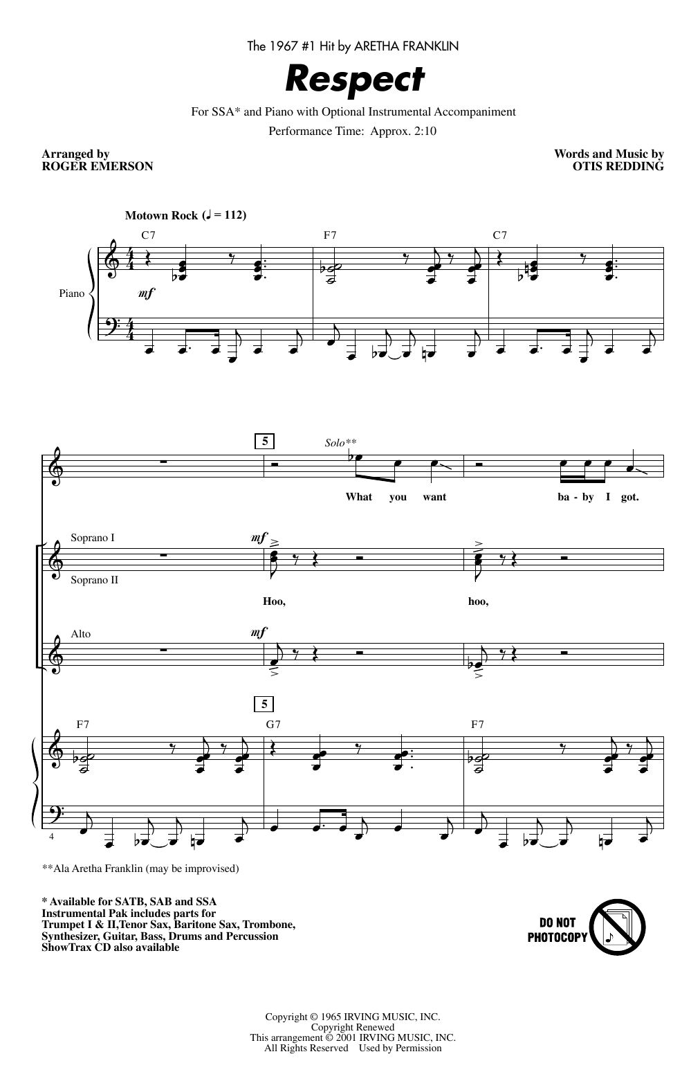 Aretha Franklin Respect (arr. Roger Emerson) sheet music notes and chords arranged for SAB Choir