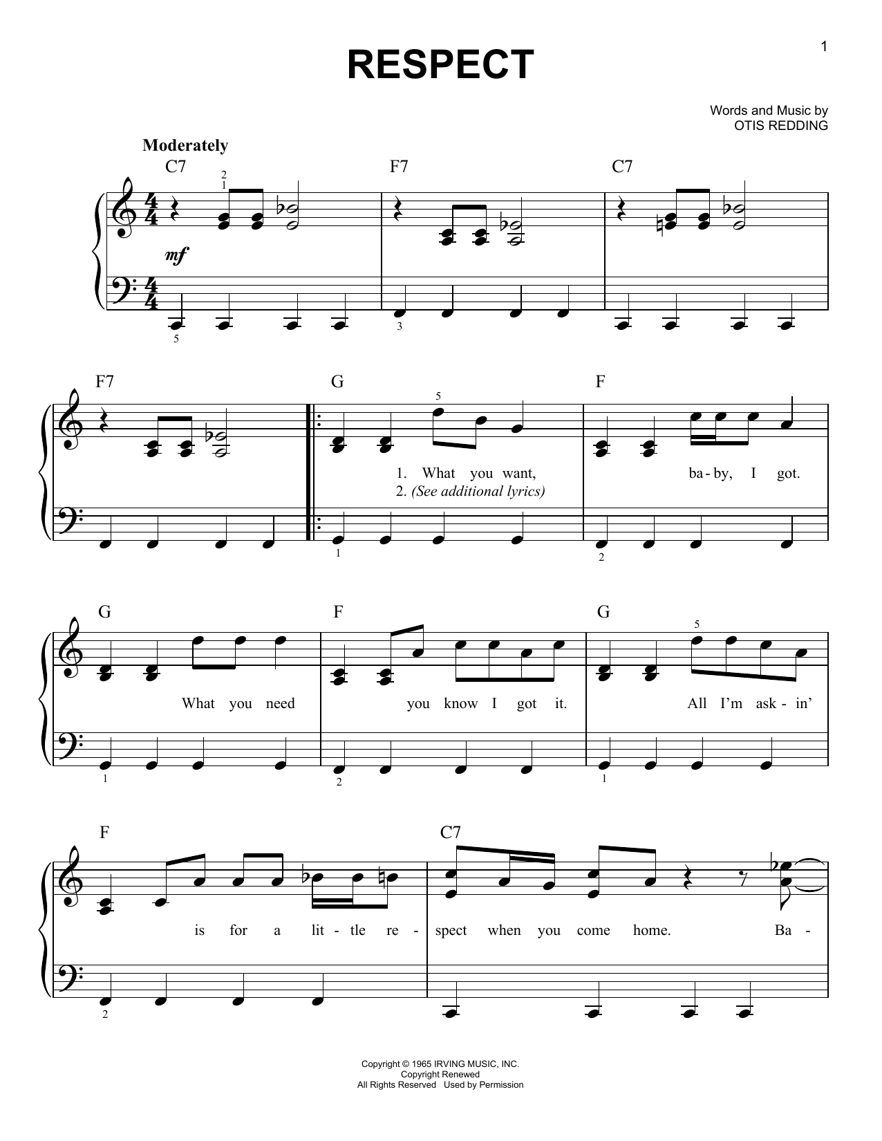 Aretha Franklin Respect sheet music notes and chords arranged for Piano Duet