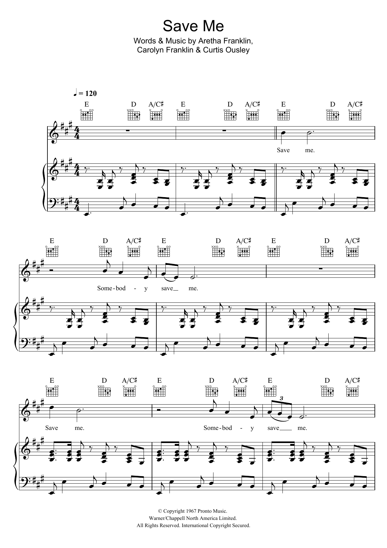Aretha Franklin Save Me sheet music notes and chords arranged for Piano, Vocal & Guitar Chords