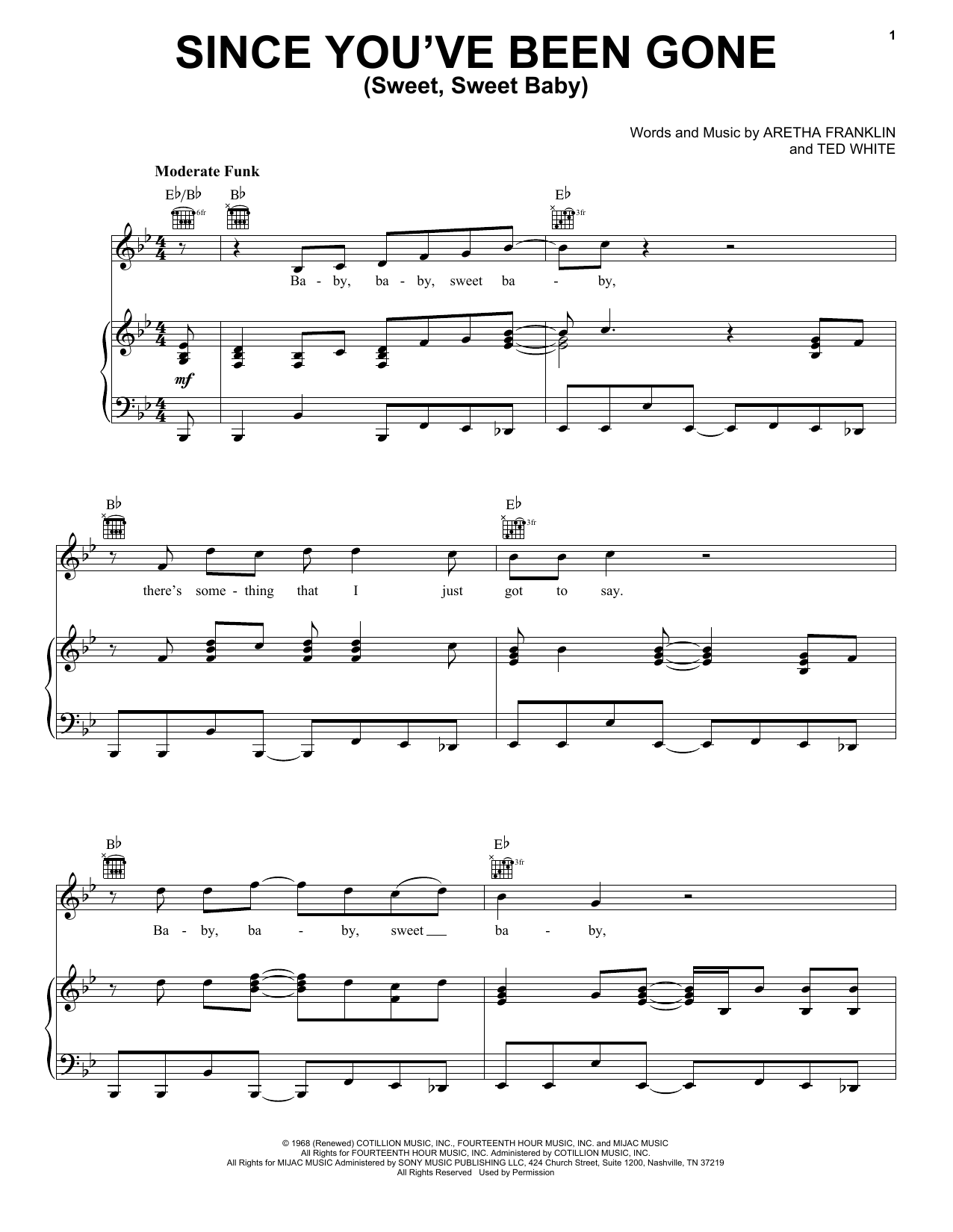 Aretha Franklin Since You've Been Gone (Sweet, Sweet Baby) sheet music notes and chords arranged for Piano, Vocal & Guitar Chords (Right-Hand Melody)