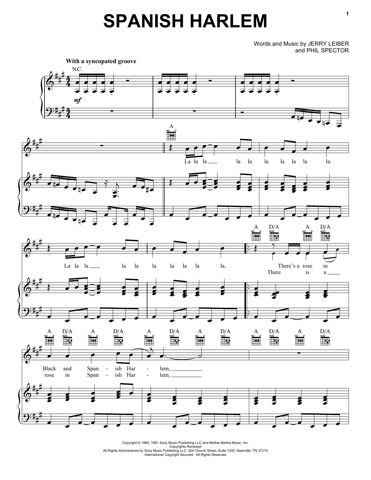 Aretha Franklin Spanish Harlem sheet music notes and chords arranged for Piano, Vocal & Guitar Chords (Right-Hand Melody)