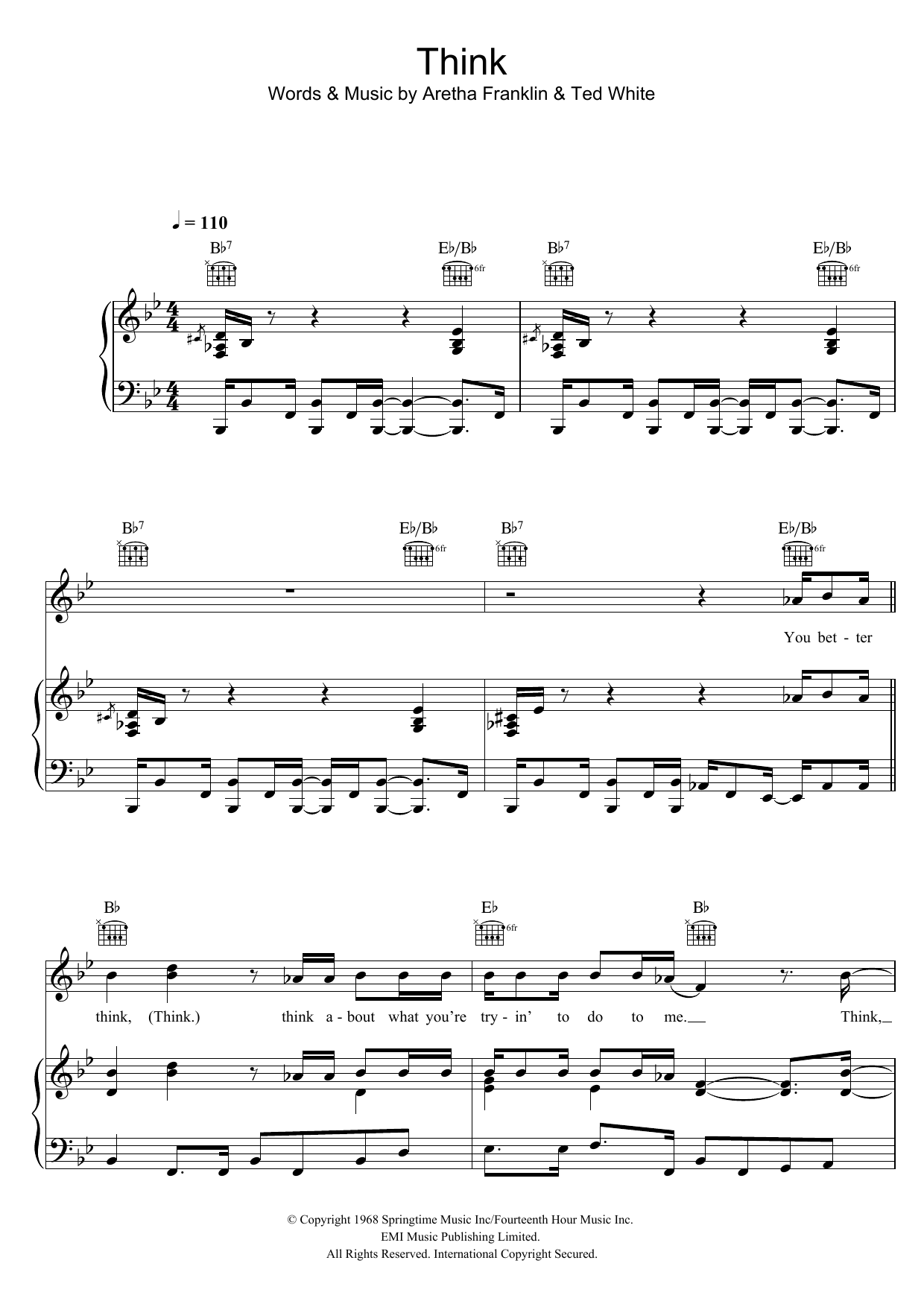 Aretha Franklin Think sheet music notes and chords arranged for Piano, Vocal & Guitar Chords