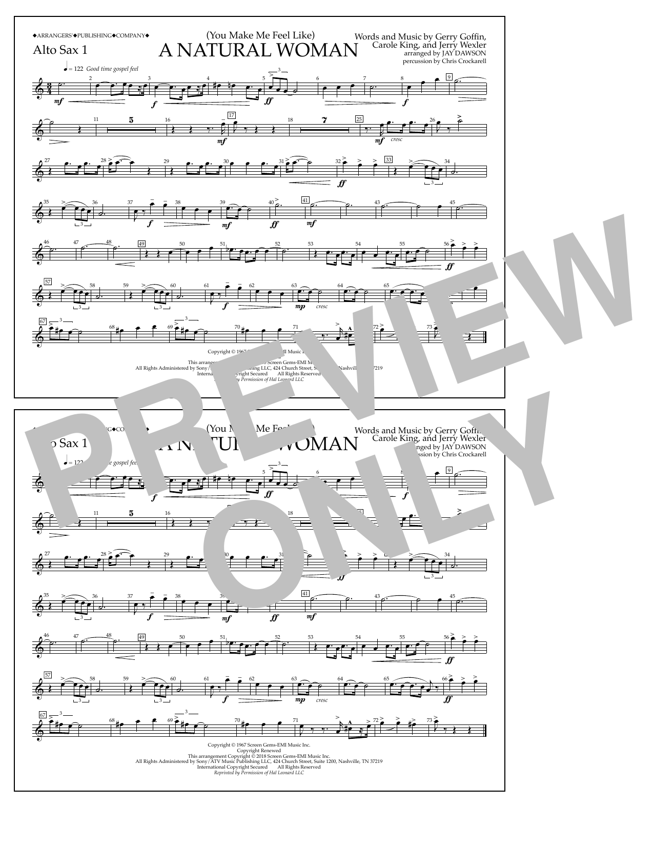 Aretha Franklin (You Make Me Feel Like) A Natural Woman (arr. Jay Dawson) - Alto Sax 1 sheet music notes and chords arranged for Marching Band