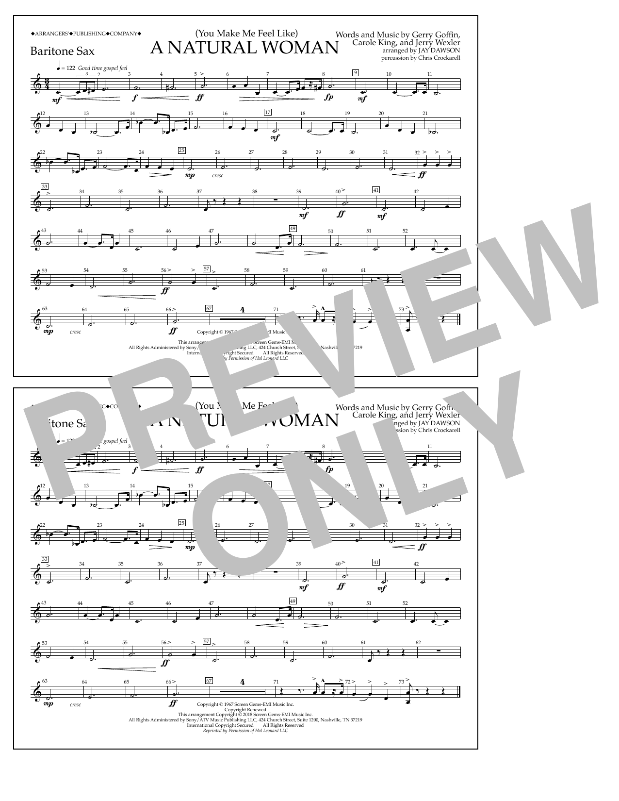 Aretha Franklin (You Make Me Feel Like) A Natural Woman (arr. Jay Dawson) - Baritone Sax sheet music notes and chords arranged for Marching Band