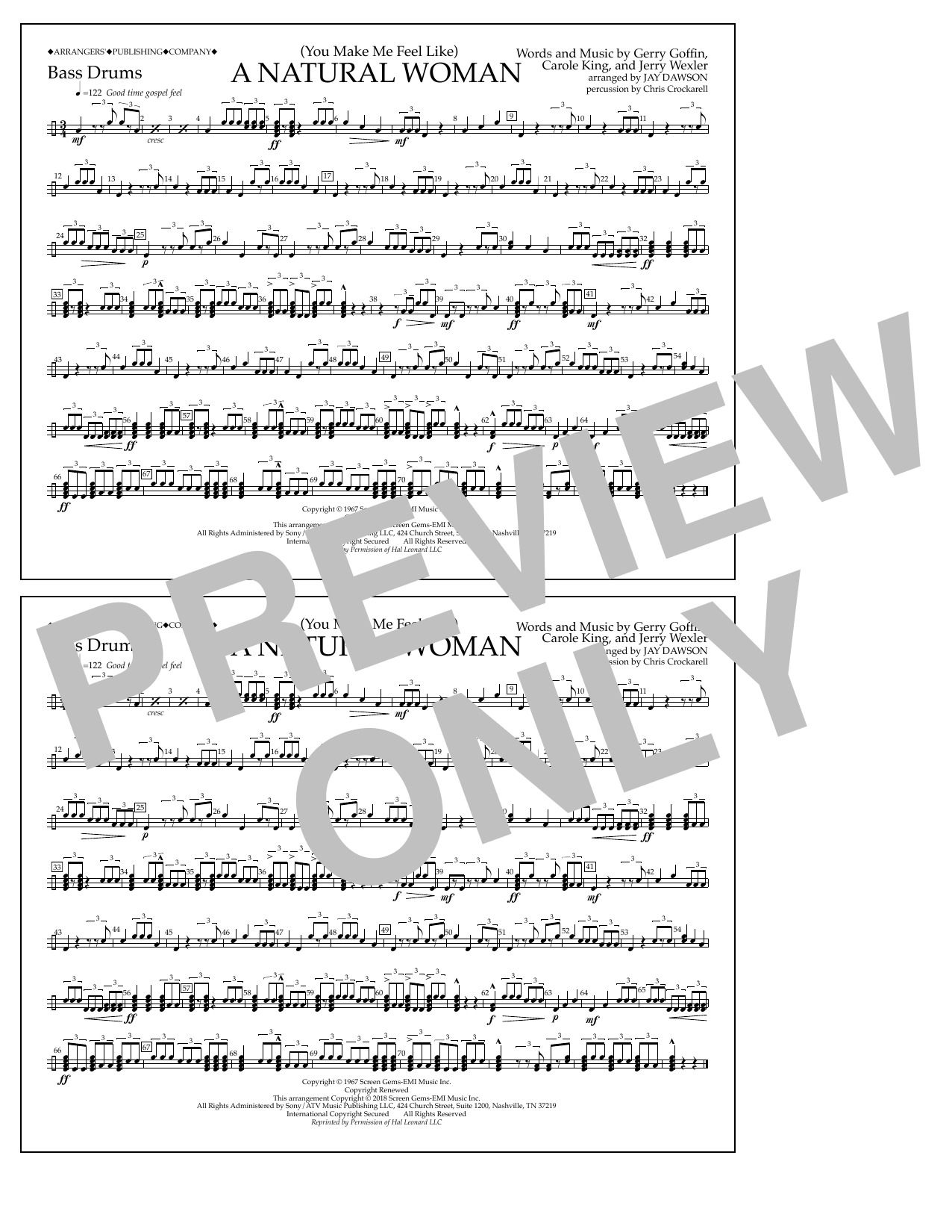 Aretha Franklin (You Make Me Feel Like) A Natural Woman (arr. Jay Dawson) - Bass Drums sheet music notes and chords arranged for Marching Band