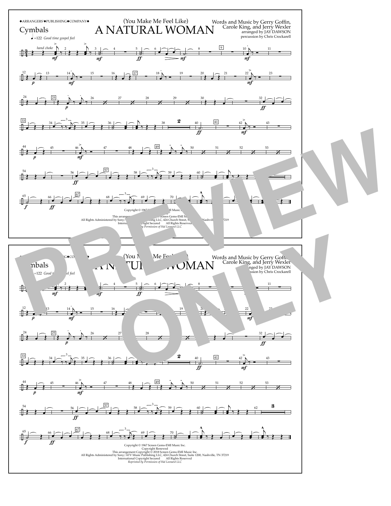 Aretha Franklin (You Make Me Feel Like) A Natural Woman (arr. Jay Dawson) - Cymbals sheet music notes and chords arranged for Marching Band