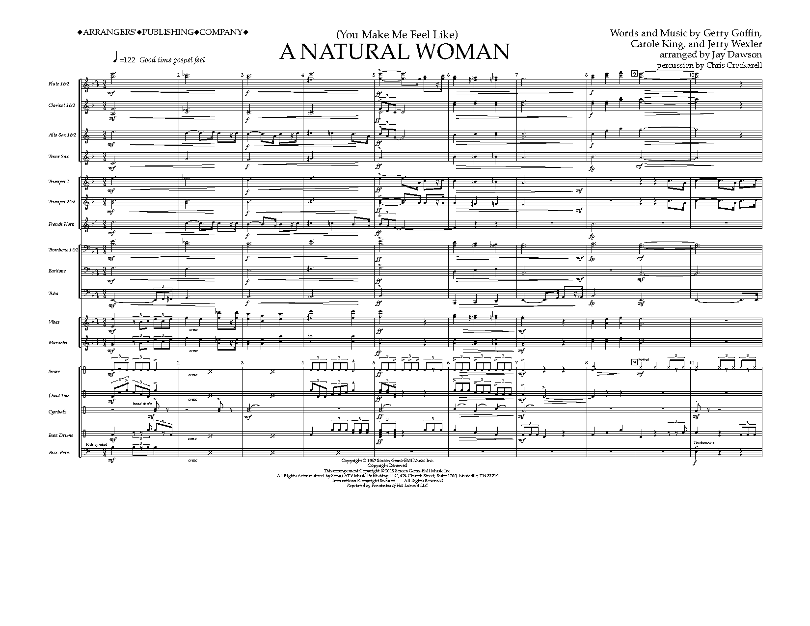 Aretha Franklin (You Make Me Feel Like) A Natural Woman (arr. Jay Dawson) - Full Score sheet music notes and chords arranged for Marching Band