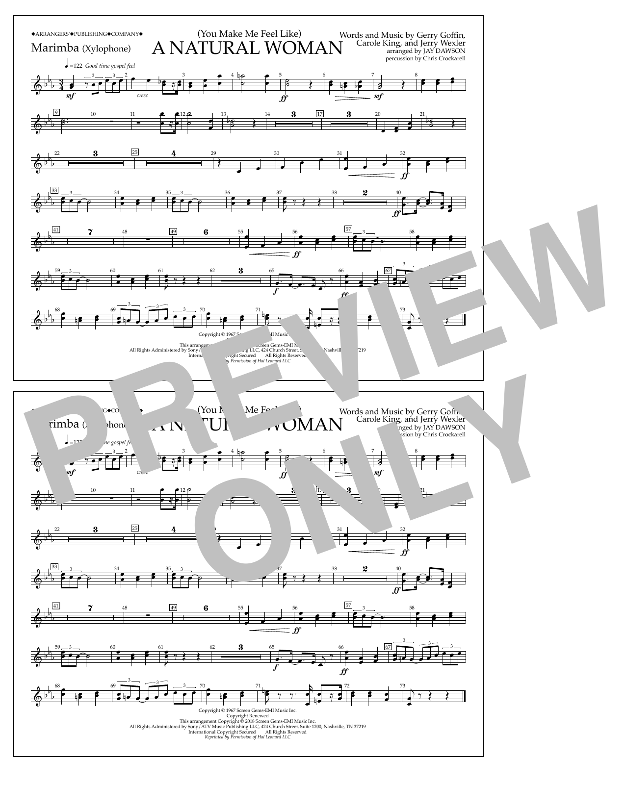 Aretha Franklin (You Make Me Feel Like) A Natural Woman (arr. Jay Dawson) - Marimba sheet music notes and chords arranged for Marching Band