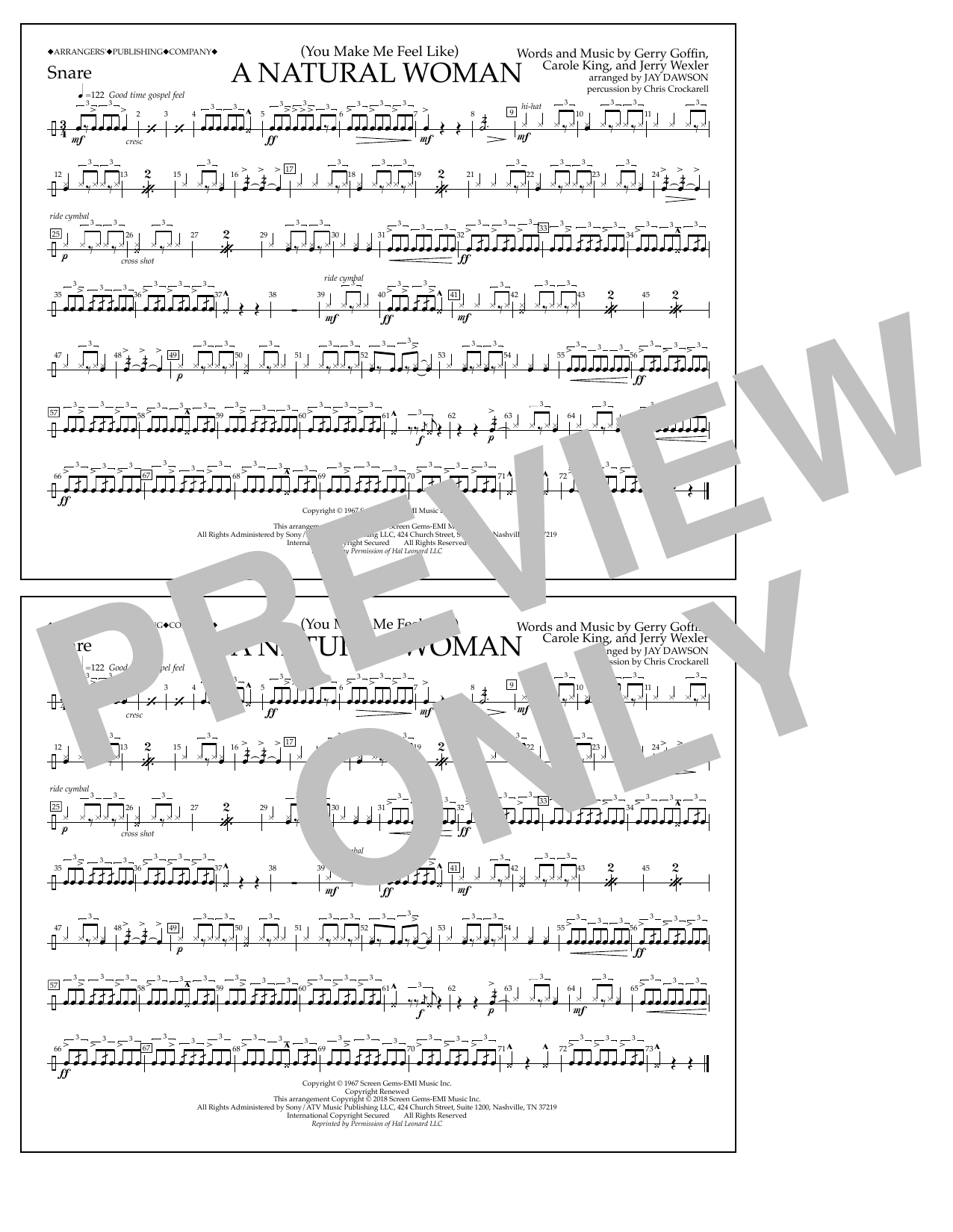 Aretha Franklin (You Make Me Feel Like) A Natural Woman (arr. Jay Dawson) - Snare sheet music notes and chords arranged for Marching Band