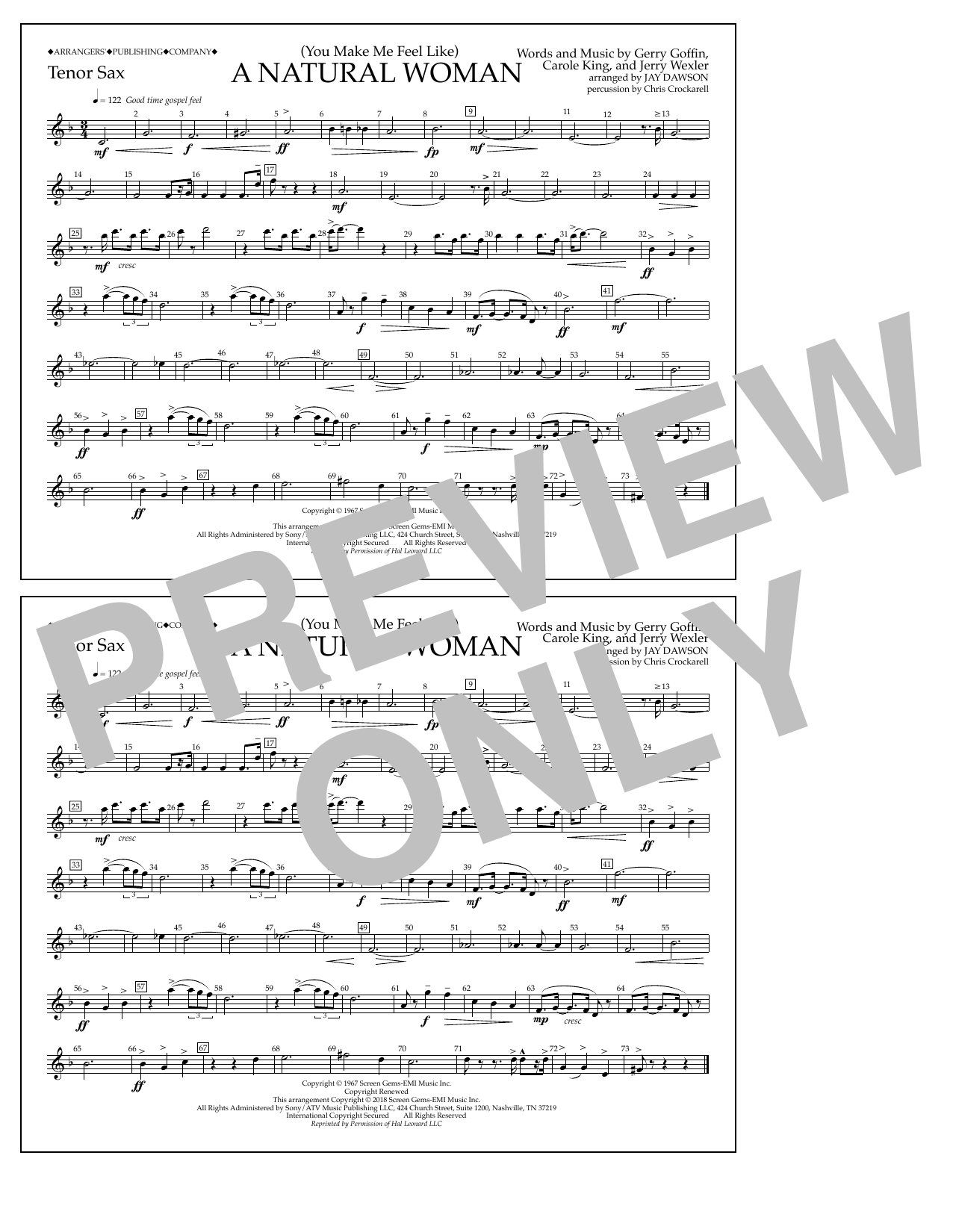 Aretha Franklin (You Make Me Feel Like) A Natural Woman (arr. Jay Dawson) - Tenor Sax sheet music notes and chords arranged for Marching Band