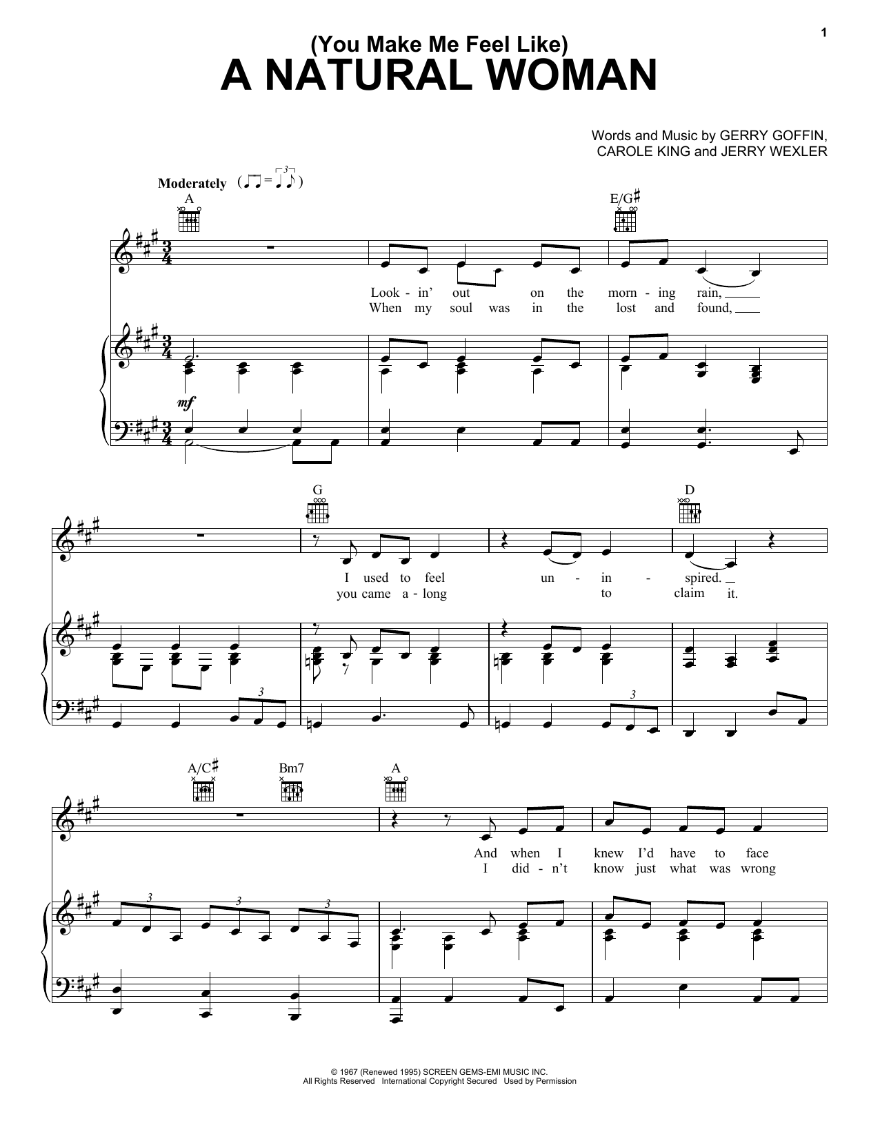 Aretha Franklin (You Make Me Feel Like) A Natural Woman sheet music notes and chords arranged for Very Easy Piano