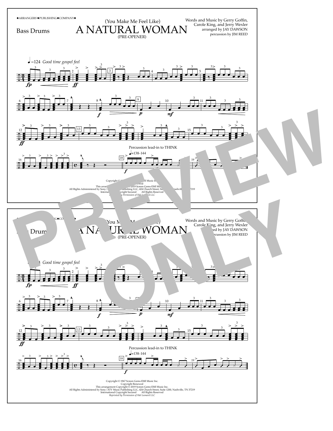 Aretha Franklin (You Make Me Feel Like) A Natural Woman (Pre-Opener) (arr. Jay Dawson) - Bass Drums sheet music notes and chords arranged for Marching Band