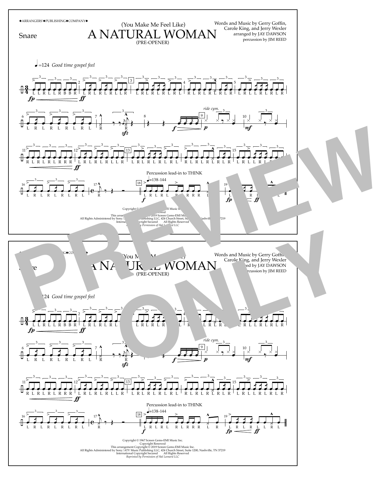 Aretha Franklin (You Make Me Feel Like) A Natural Woman (Pre-Opener) (arr. Jay Dawson) - Snare sheet music notes and chords arranged for Marching Band