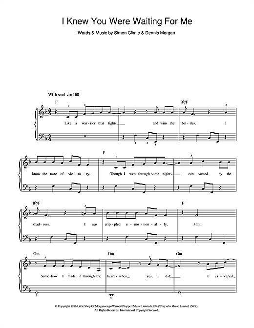 Aretha Franklin & George Michael I Knew You Were Waiting (For Me) sheet music notes and chords arranged for Beginner Piano