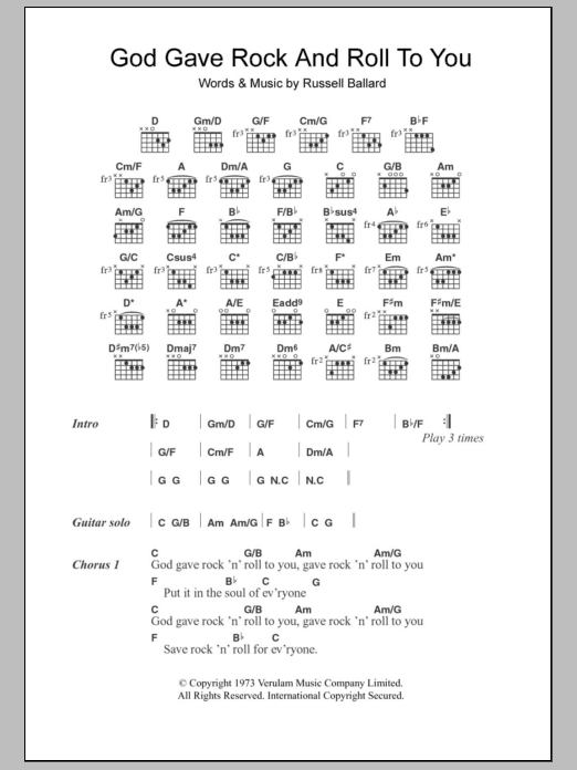 Argent God Gave Rock And Roll To You sheet music notes and chords arranged for Guitar Chords/Lyrics