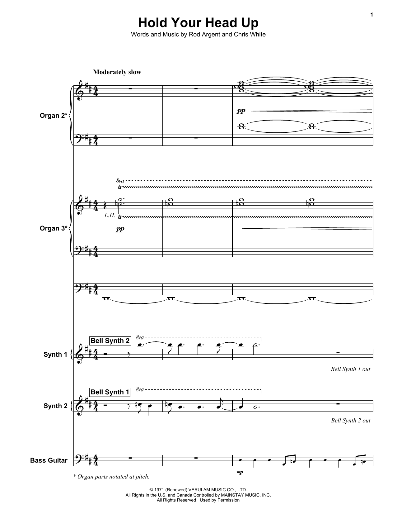 Argent Hold Your Head Up sheet music notes and chords arranged for Guitar Chords/Lyrics