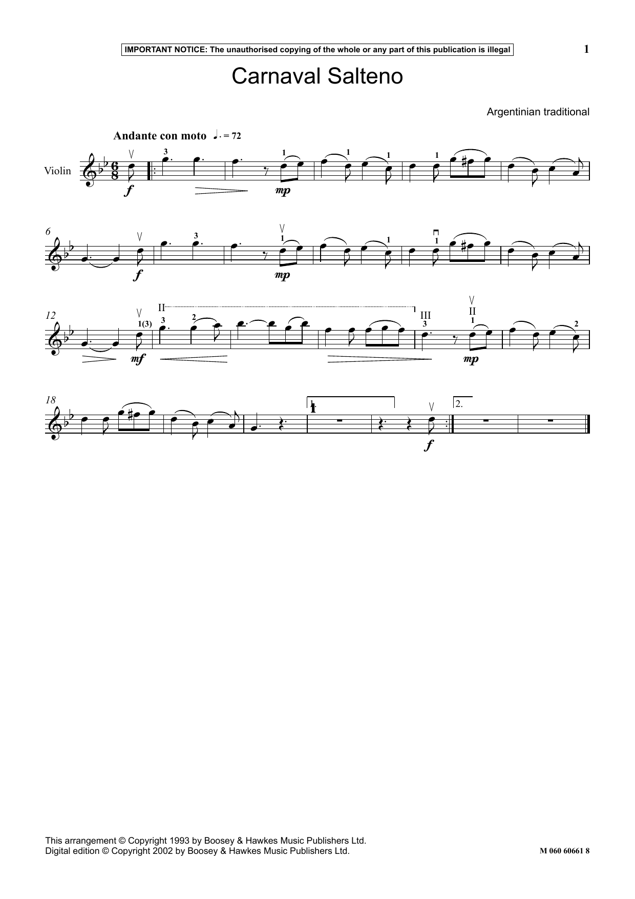 Argentinian Traditional Carnaval Salteno sheet music notes and chords arranged for Instrumental Solo