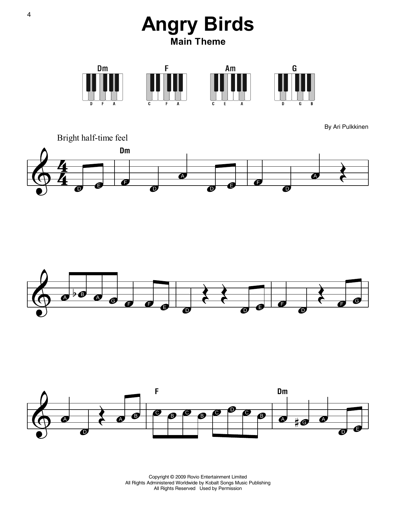 Ari Pulkkinen Angry Birds (Main Theme) sheet music notes and chords arranged for Super Easy Piano