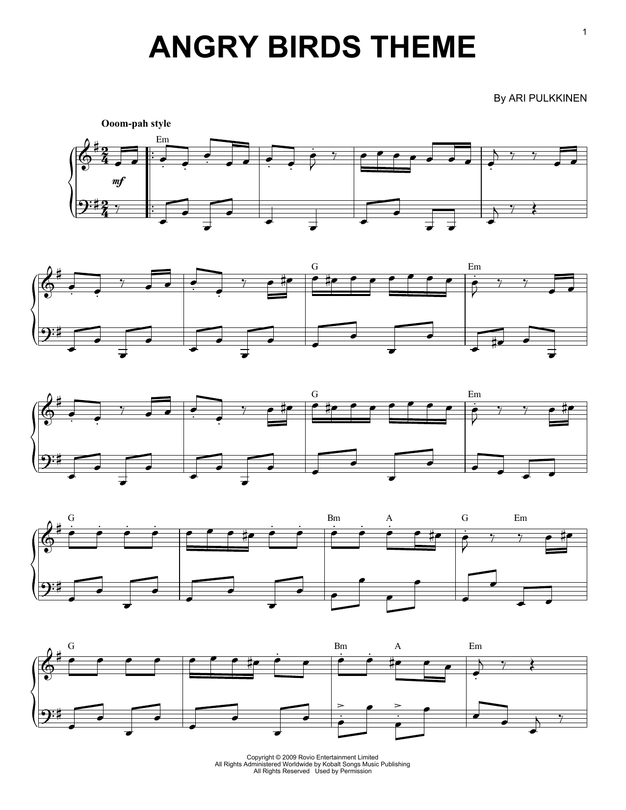 Ari Pulkkinen Angry Birds Theme sheet music notes and chords arranged for Easy Piano