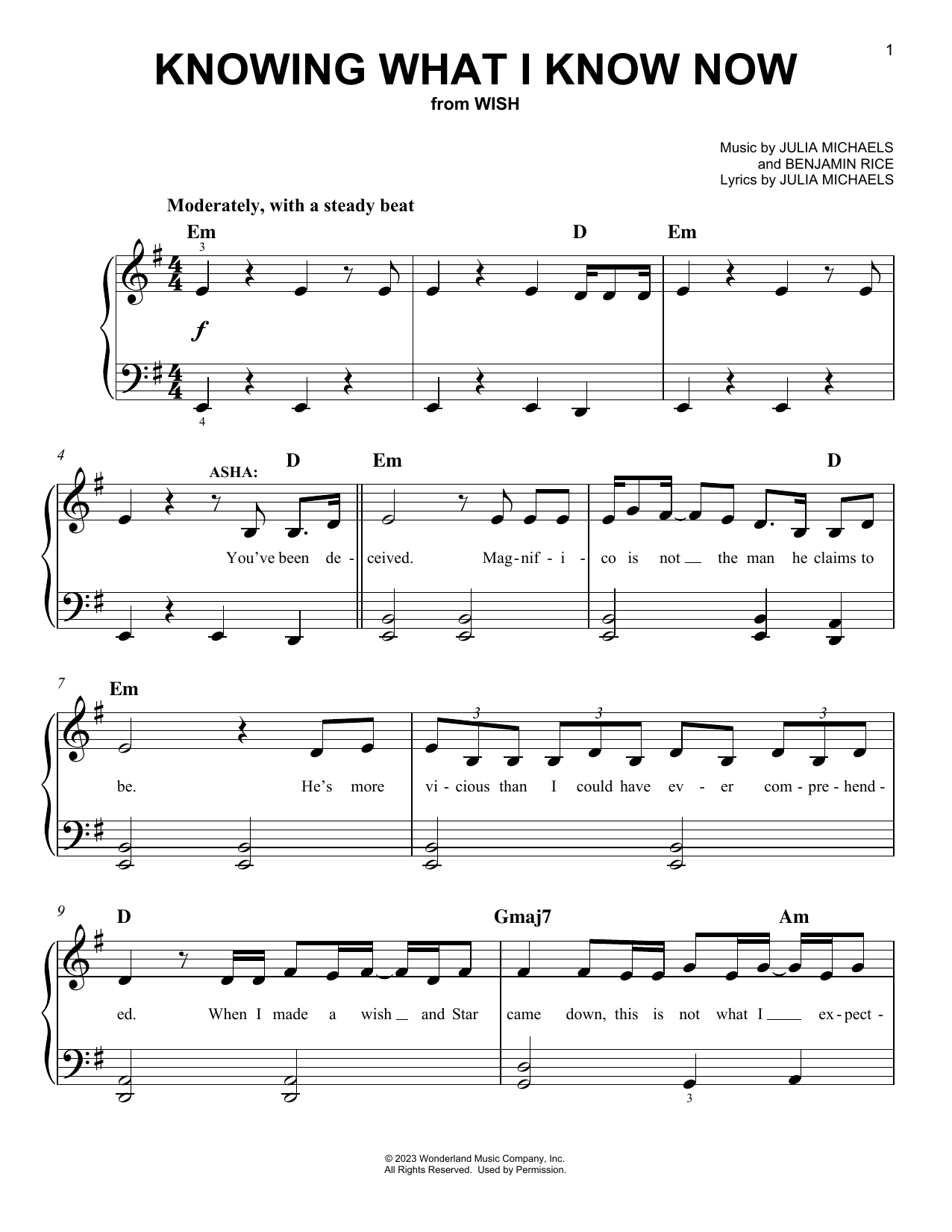 Ariana DeBose, Angelique Cabral and The Cast Of Wish Knowing What I Know Now (from Wish) sheet music notes and chords arranged for Easy Piano