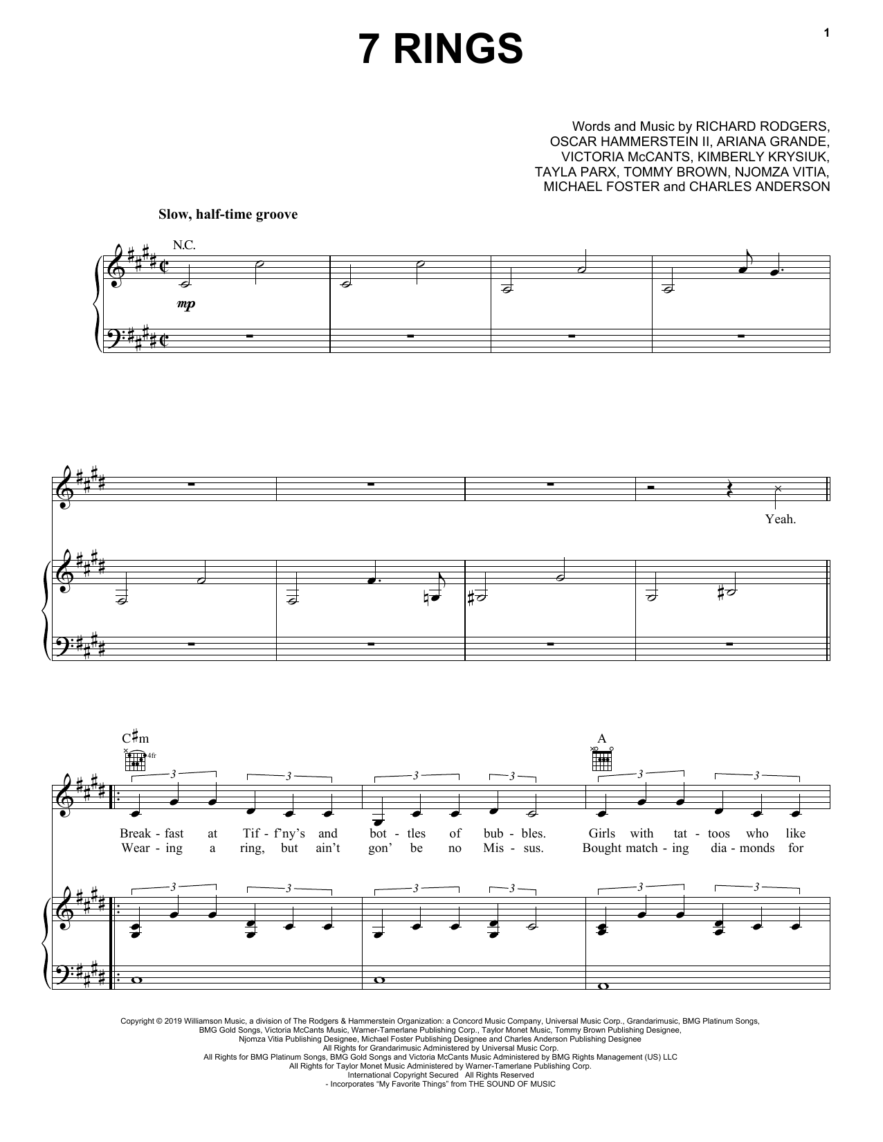 Ariana Grande 7 Rings sheet music notes and chords arranged for Piano, Vocal & Guitar Chords (Right-Hand Melody)