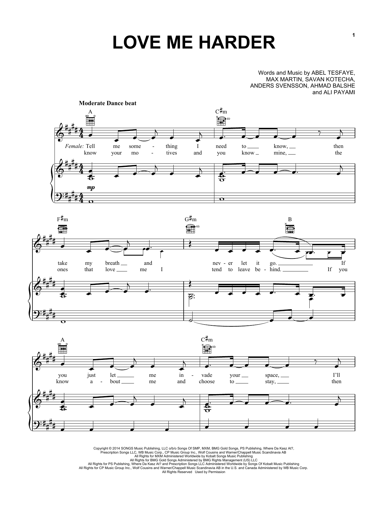 Ariana Grande & The Weeknd Love Me Harder sheet music notes and chords arranged for Piano, Vocal & Guitar Chords (Right-Hand Melody)