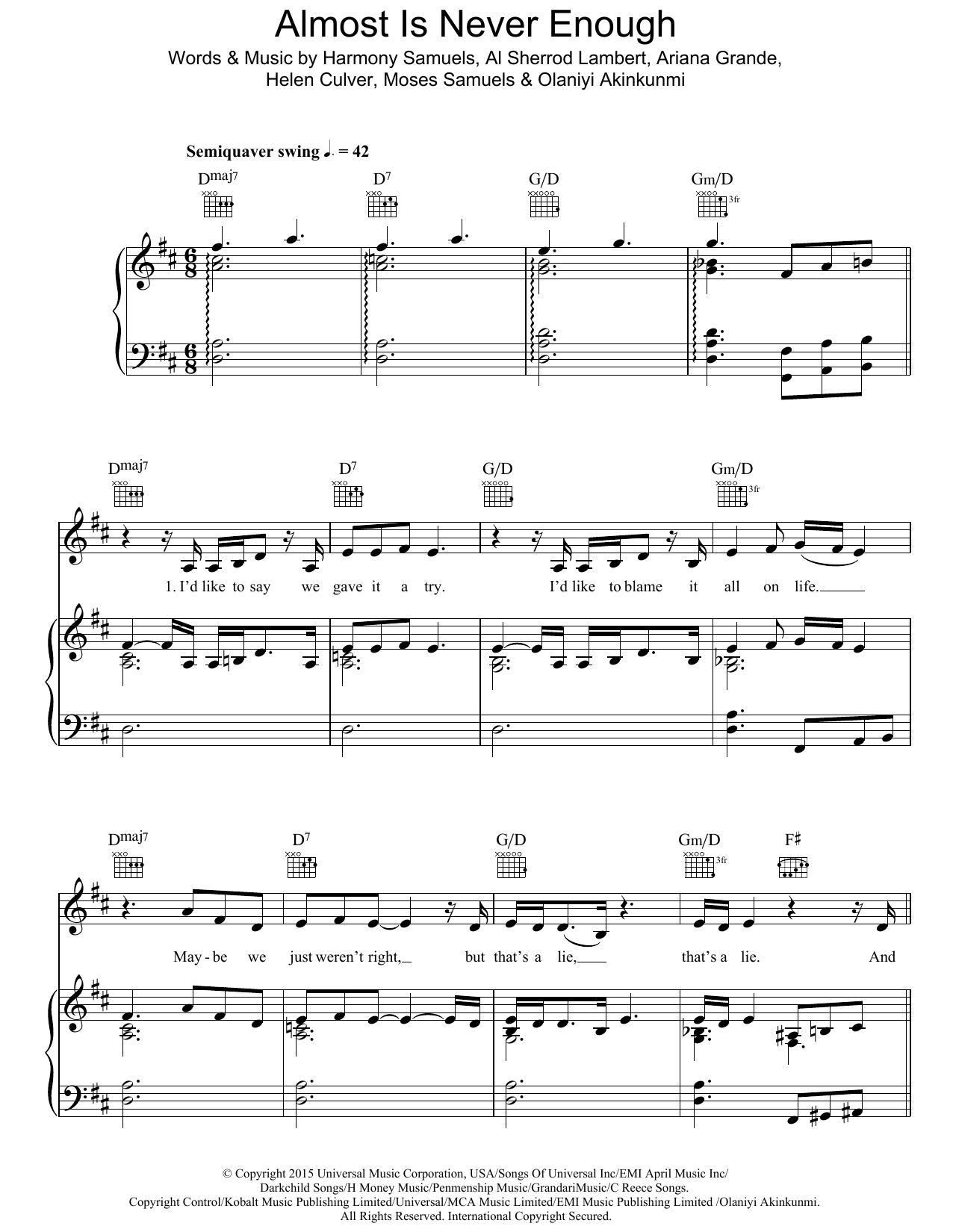 Ariana Grande Almost Is Never Enough (featuring Nathan Sykes) sheet music notes and chords arranged for Piano, Vocal & Guitar Chords