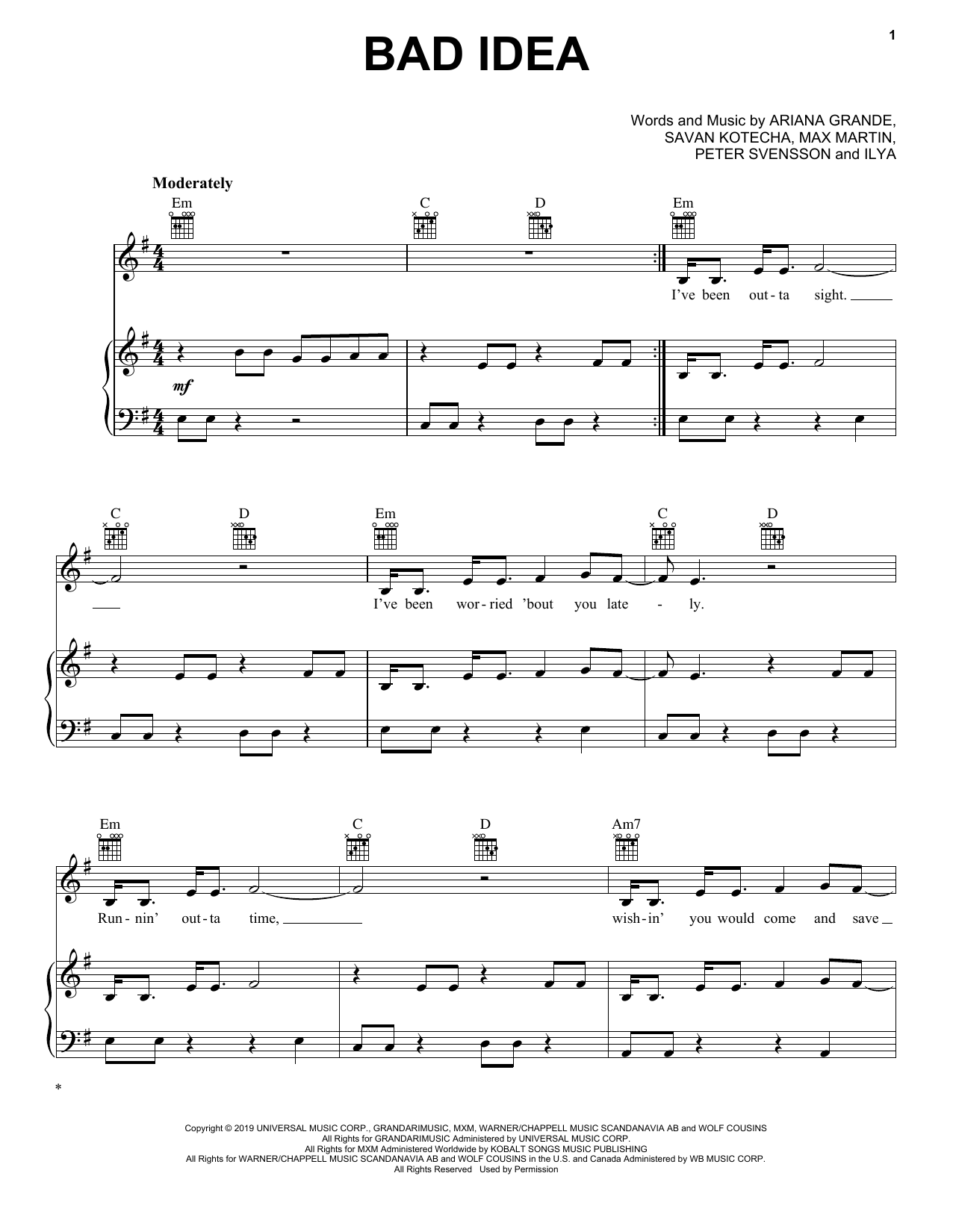 Ariana Grande Bad Idea sheet music notes and chords arranged for Piano, Vocal & Guitar Chords (Right-Hand Melody)