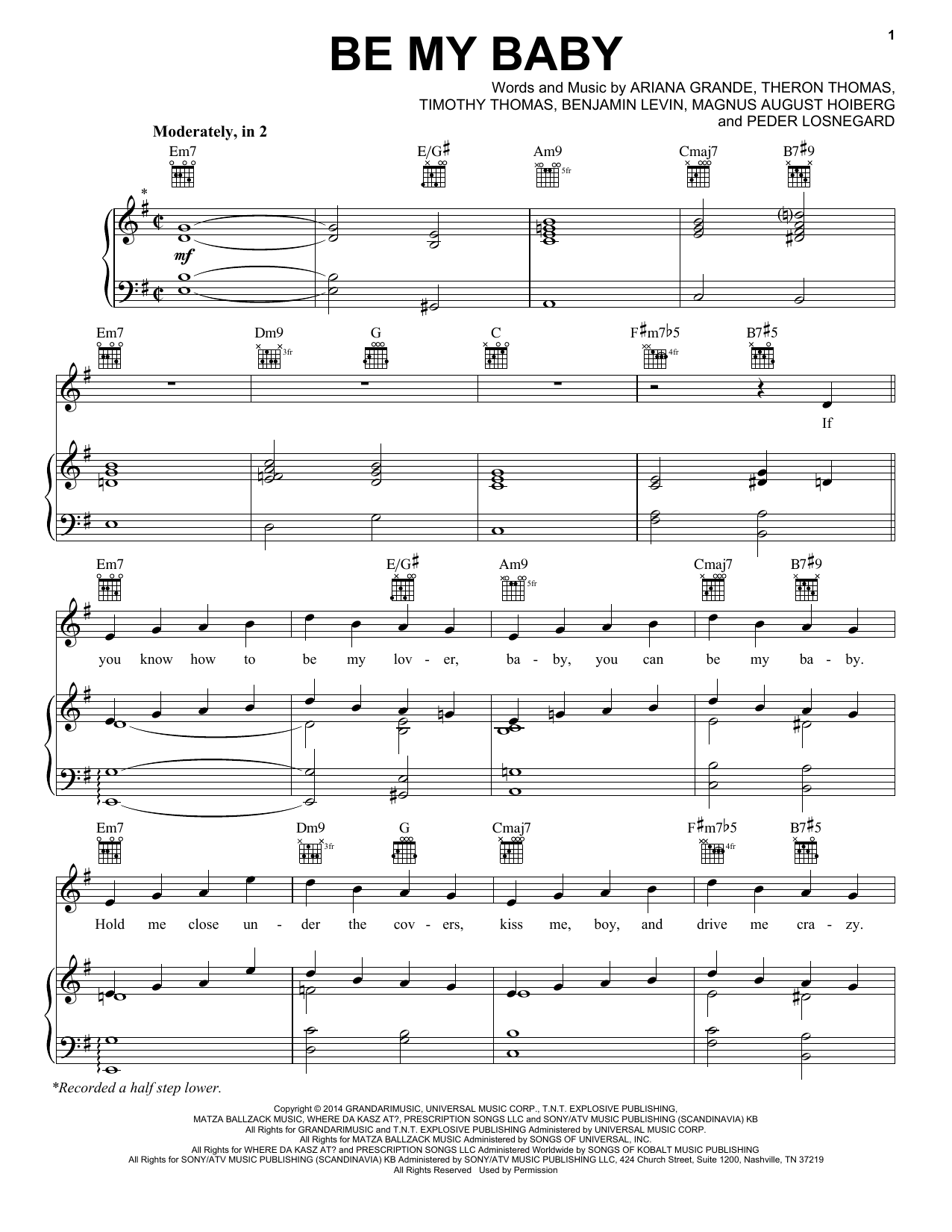 Ariana Grande Be My Baby sheet music notes and chords arranged for Piano, Vocal & Guitar Chords (Right-Hand Melody)