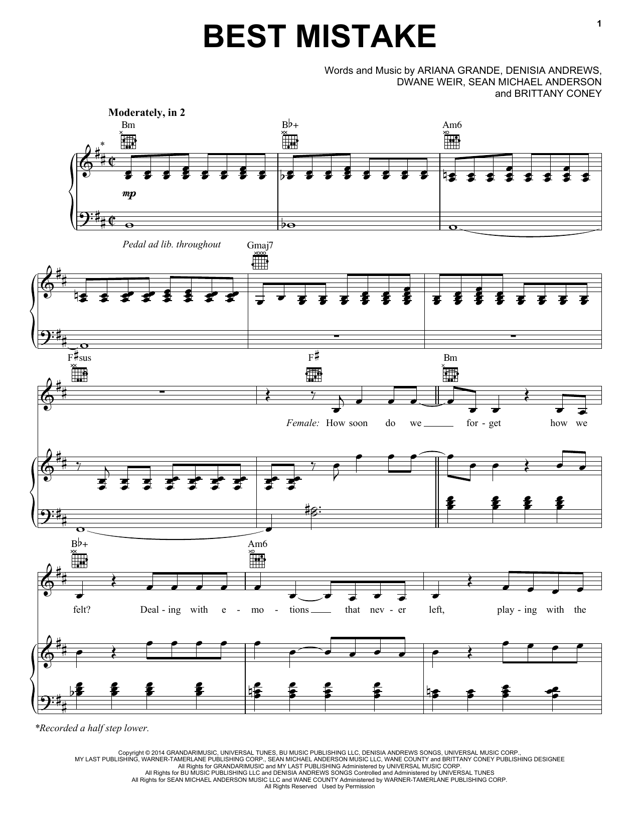 Ariana Grande Best Mistake sheet music notes and chords arranged for Piano, Vocal & Guitar Chords (Right-Hand Melody)