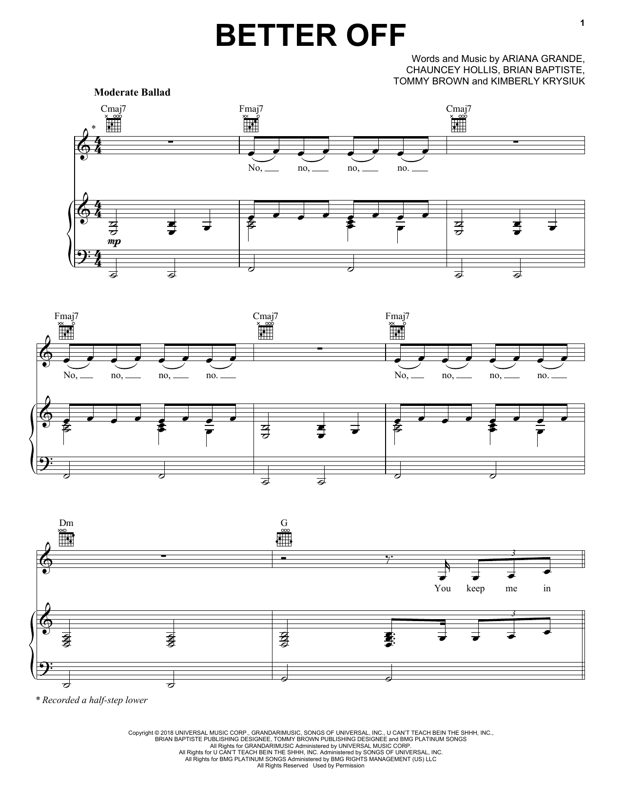 Ariana Grande Better Off sheet music notes and chords arranged for Piano, Vocal & Guitar Chords (Right-Hand Melody)