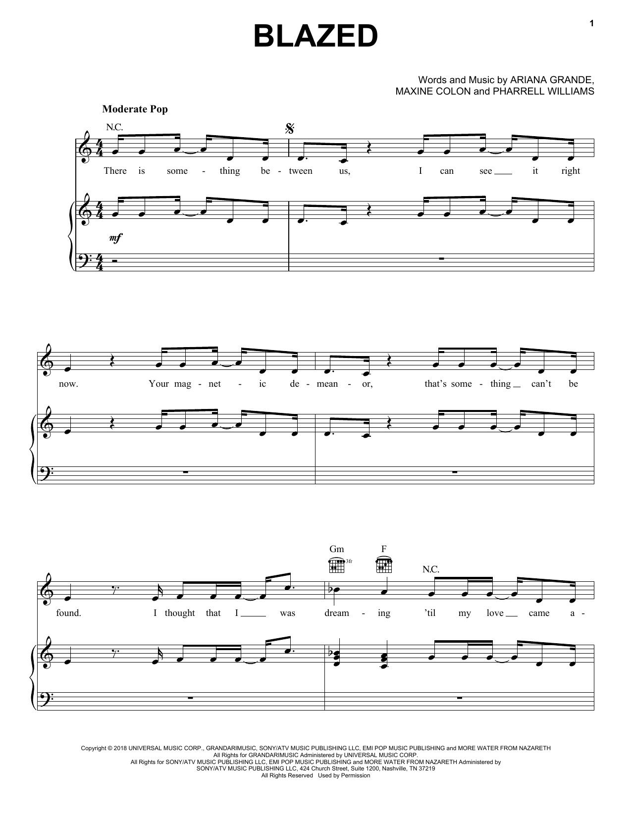 Ariana Grande Blazed (feat. Pharrell Williams) sheet music notes and chords arranged for Piano, Vocal & Guitar Chords (Right-Hand Melody)