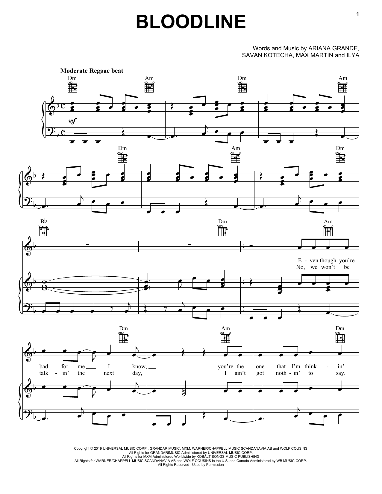 Ariana Grande Bloodline sheet music notes and chords arranged for Piano, Vocal & Guitar Chords (Right-Hand Melody)