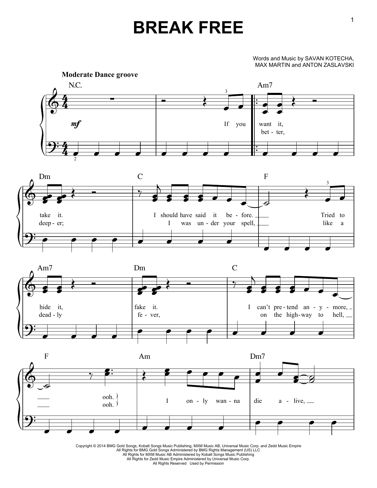 Ariana Grande Break Free (feat. Zedd) sheet music notes and chords arranged for Easy Piano