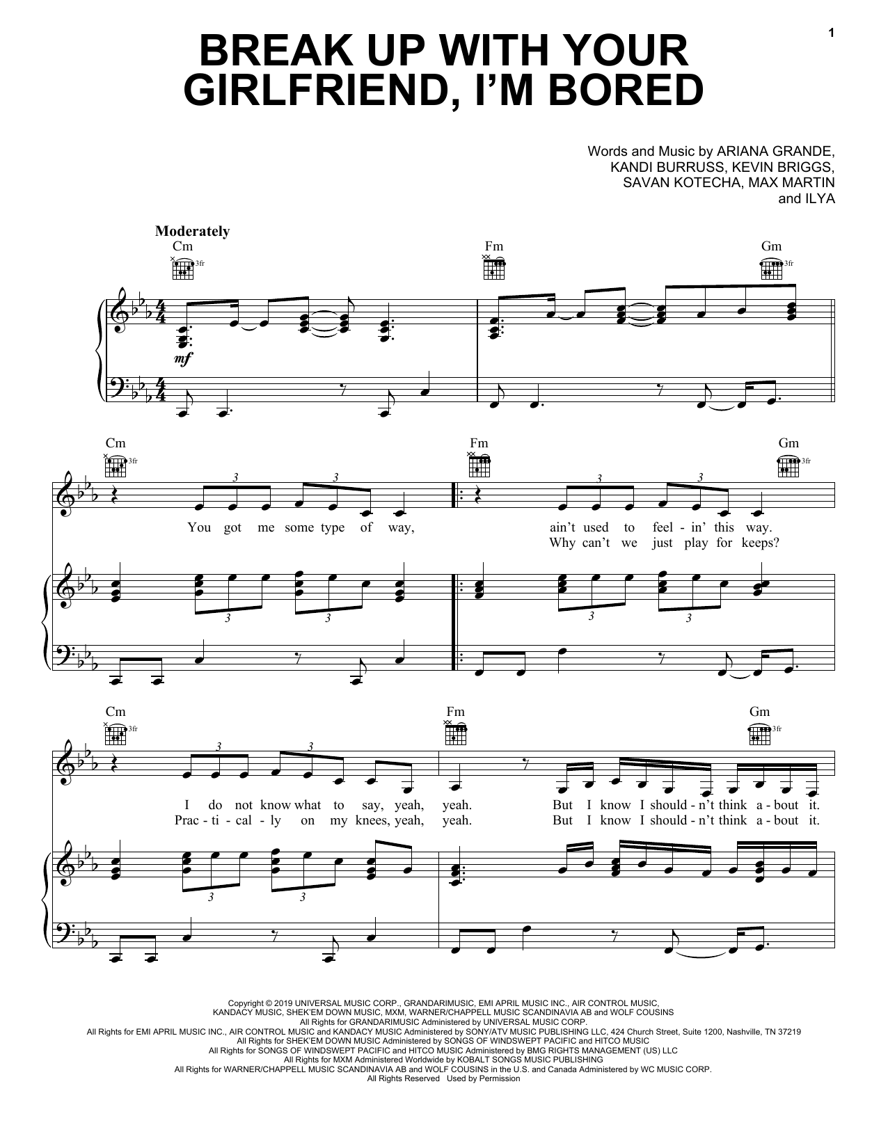 Ariana Grande break up with your girlfriend, i'm bored sheet music notes and chords arranged for Easy Piano
