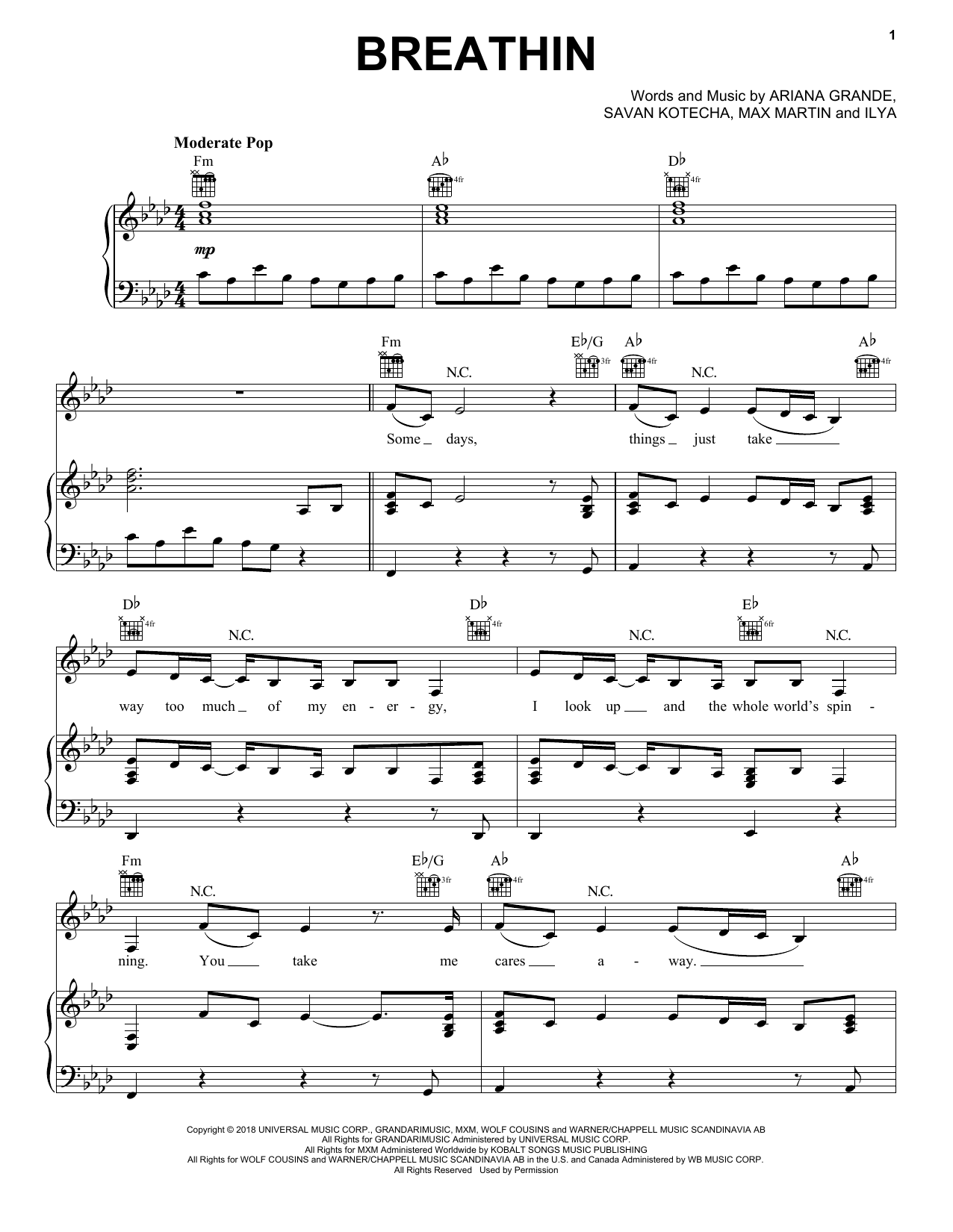 Ariana Grande Breathin sheet music notes and chords arranged for Big Note Piano