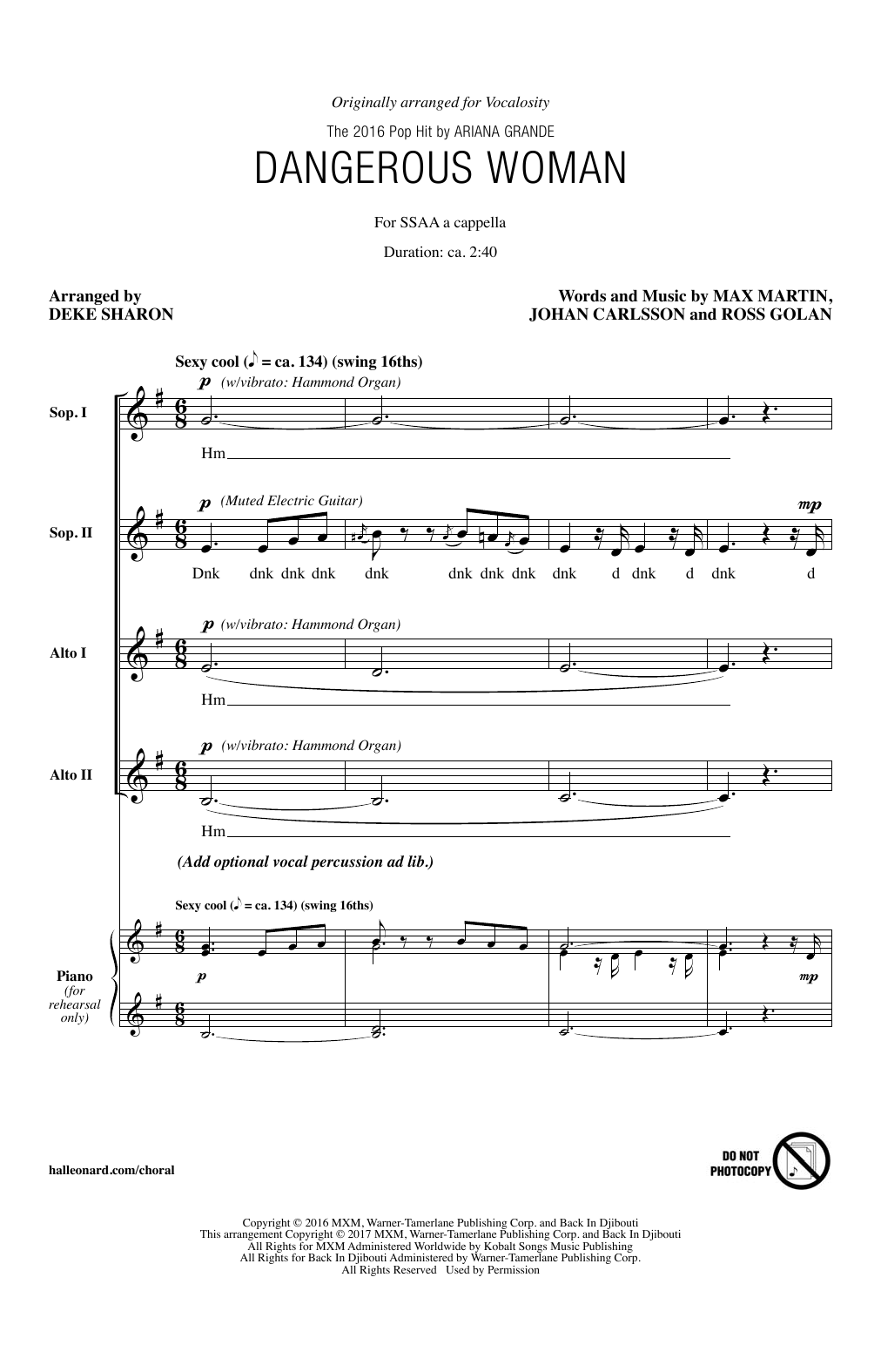 Ariana Grande Dangerous Woman (arr. Deke Sharon) sheet music notes and chords arranged for SSAA Choir