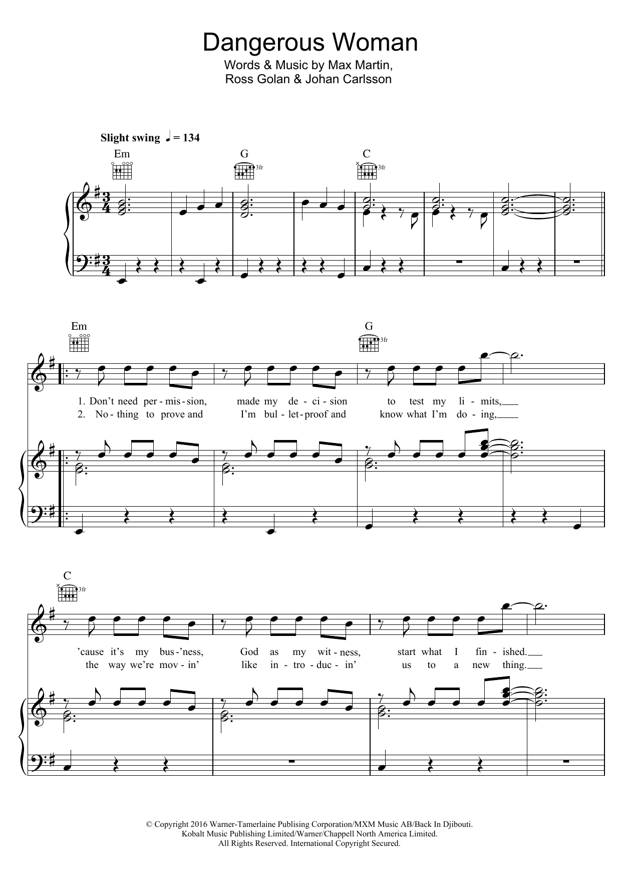 Ariana Grande Dangerous Woman sheet music notes and chords arranged for Easy Piano