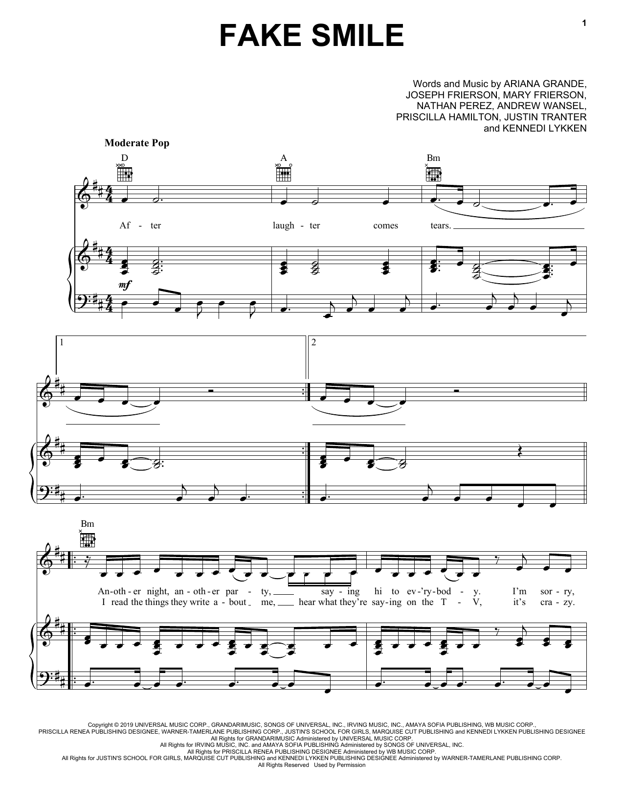 Ariana Grande Fake Smile sheet music notes and chords arranged for Piano, Vocal & Guitar Chords (Right-Hand Melody)