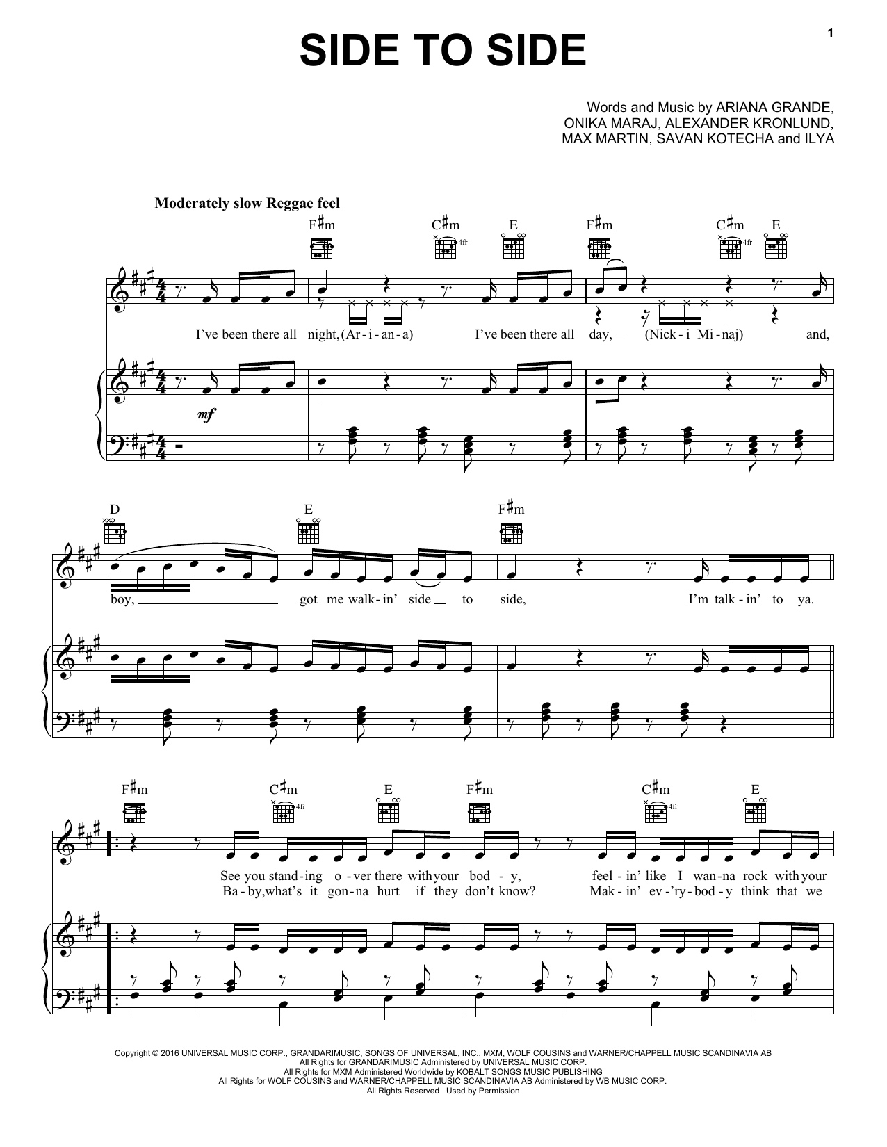Ariana Grande feat. Nicki Minaj Side To Side sheet music notes and chords arranged for Piano, Vocal & Guitar Chords (Right-Hand Melody)