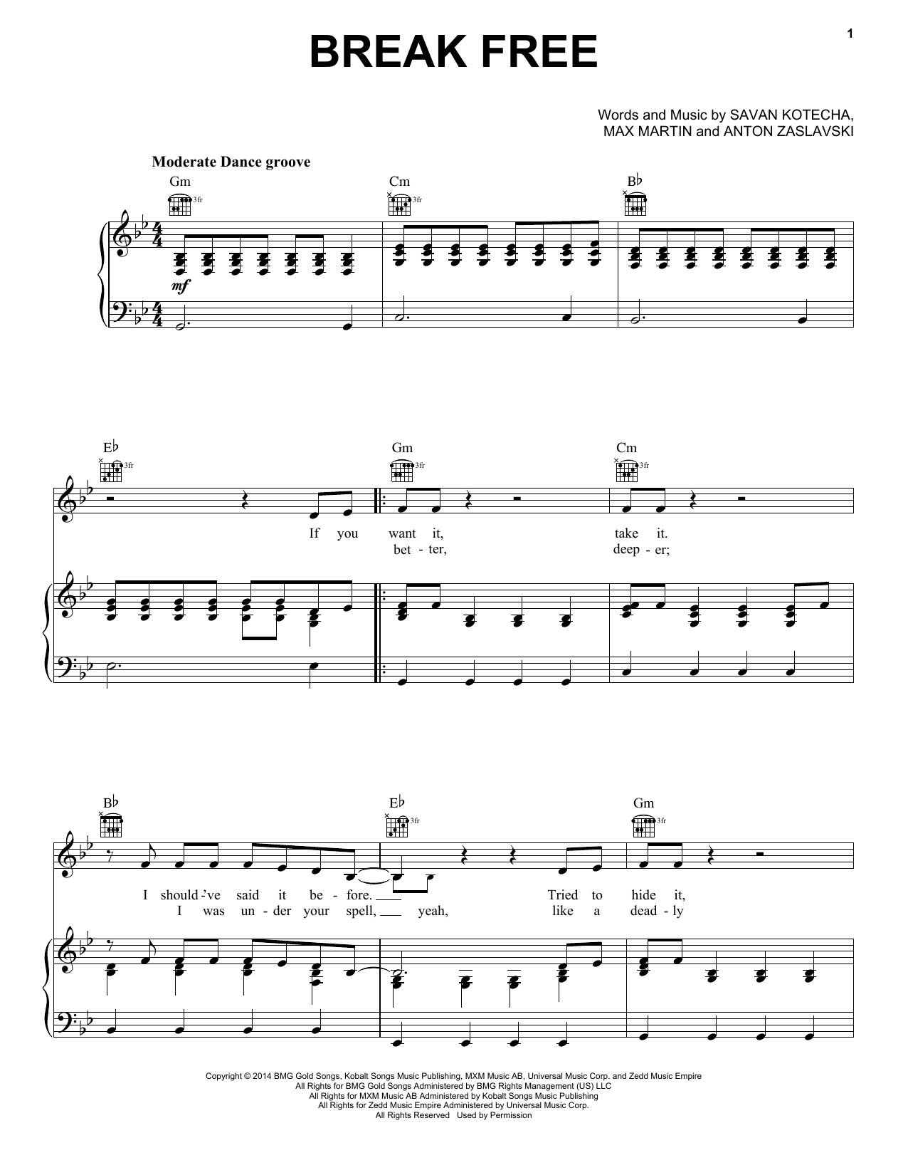 Ariana Grande feat. Zedd Break Free sheet music notes and chords arranged for Piano, Vocal & Guitar Chords (Right-Hand Melody)