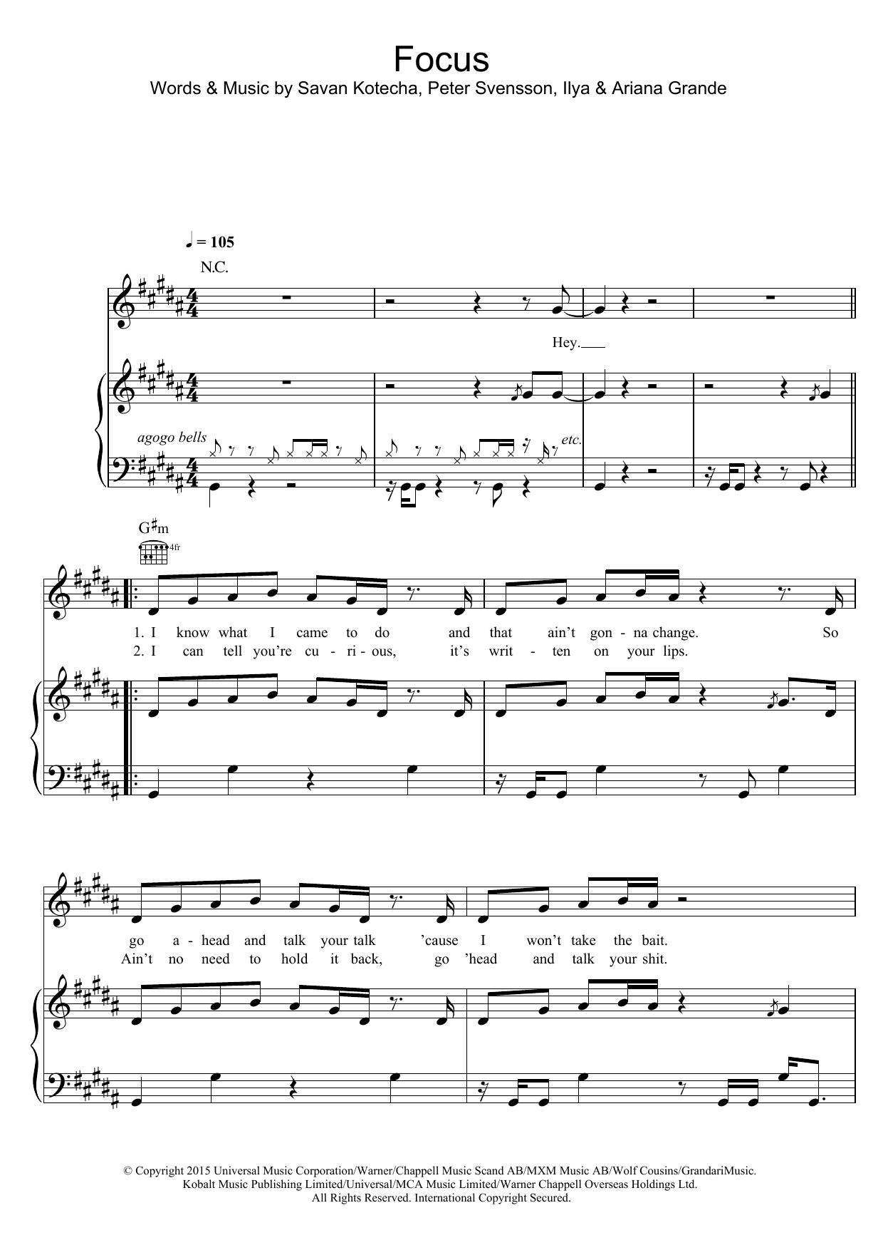 Ariana Grande Focus sheet music notes and chords arranged for Piano, Vocal & Guitar Chords