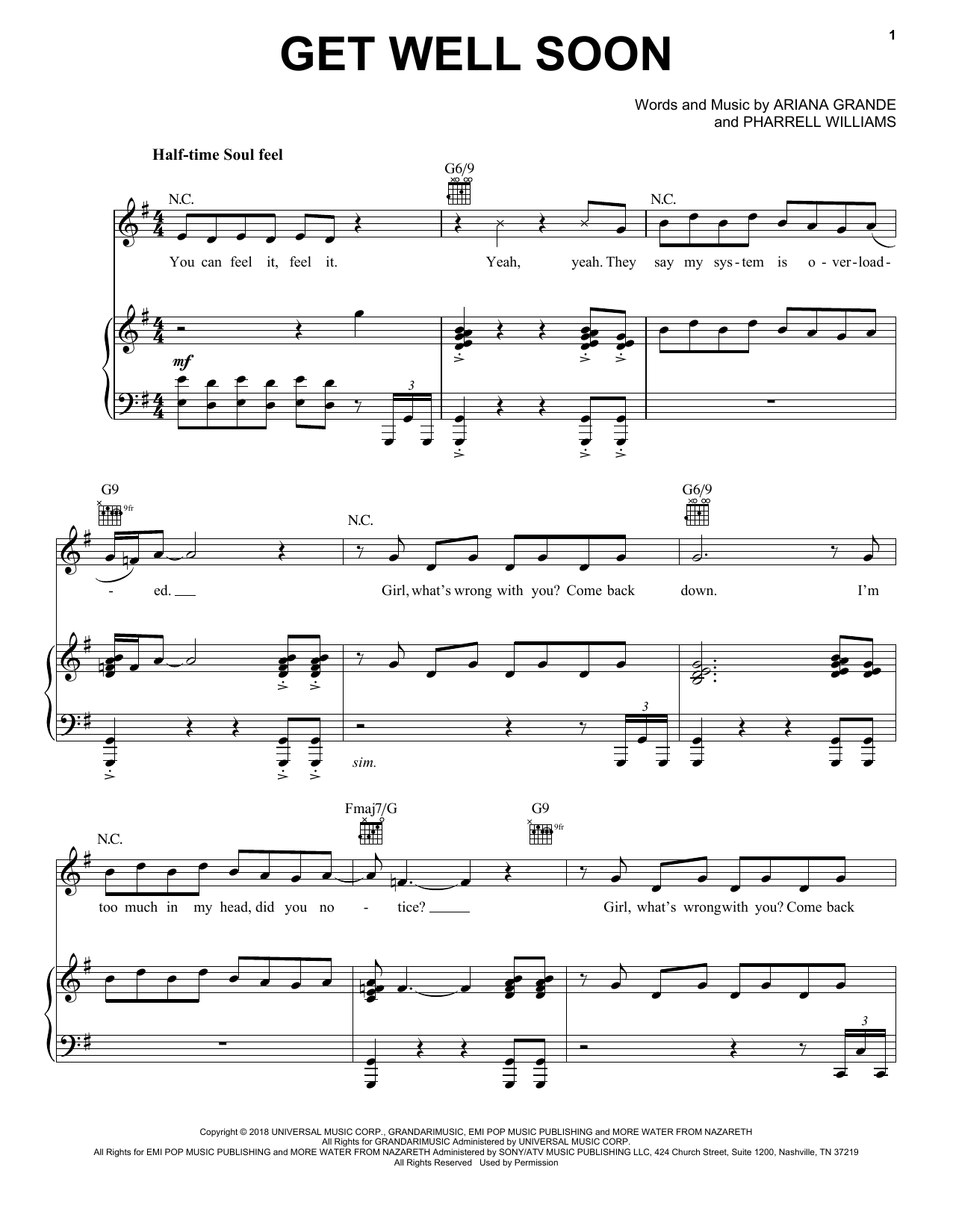 Ariana Grande Get Well Soon sheet music notes and chords arranged for Piano, Vocal & Guitar Chords (Right-Hand Melody)