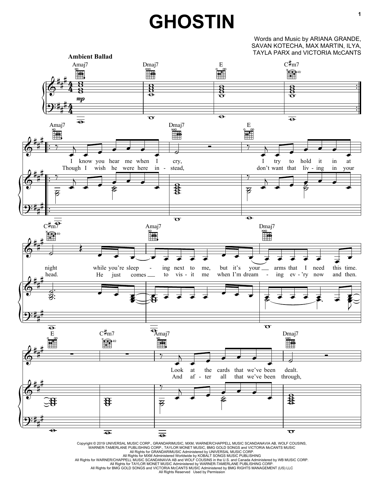 Ariana Grande Ghostin sheet music notes and chords arranged for Piano, Vocal & Guitar Chords (Right-Hand Melody)